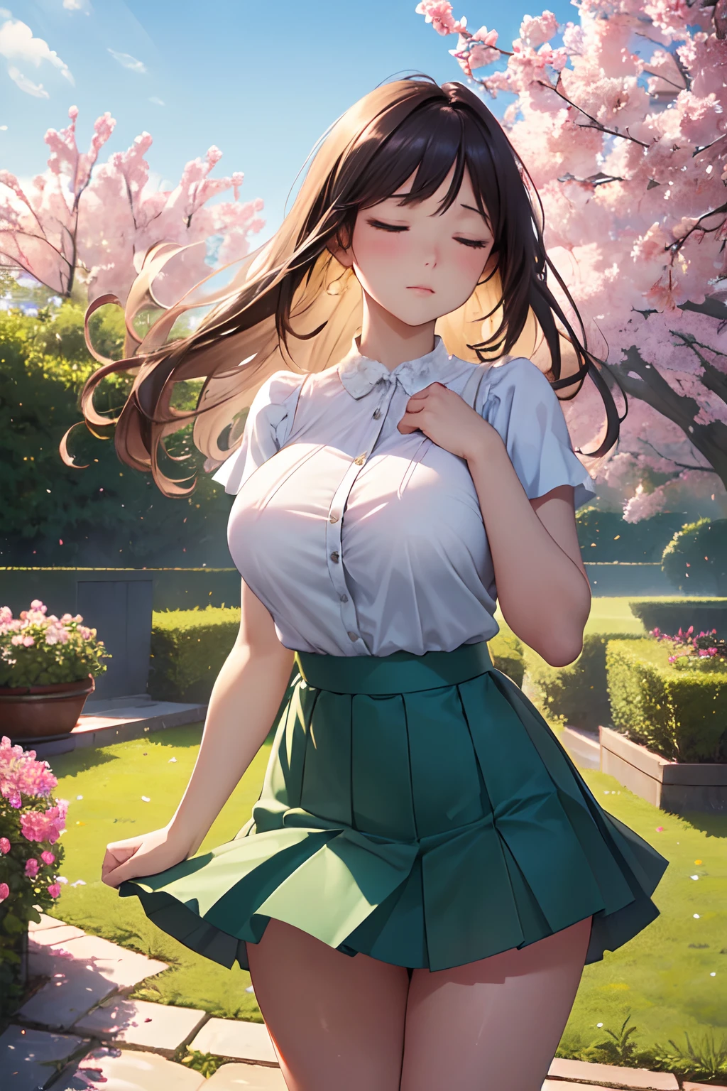 (High quality, High resolution, Fine details, Realistic), garden, ((strong breeze)), (Skirt raised by wind), (Panty shot), solo, Curvy women, (Raise hand), ((Hands to head)), ((close eyes)), (Troubled face), Large breasts, Sweat, Oily skin, (stunning visual impact), (Wind playing with women's hair and dress), colourful flowers blooming in the background, gentle and graceful movements, dynamic composition, feminine charm, charming and innocent, ethereal lighting, subtle and dreamlike atmosphere, Shallow depth of field