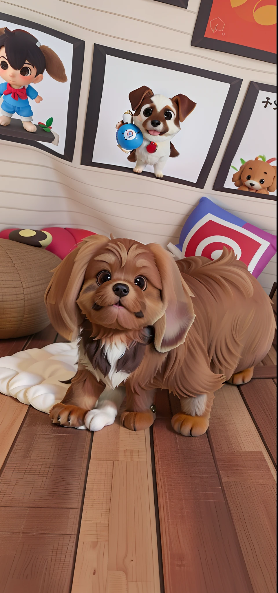 Shitzu puppy, com pelagem muito longa e pegos escorrendo no chao da cor marrom. Deitada ,cachorra tem apenas uma pata na frente .em alta qualidade