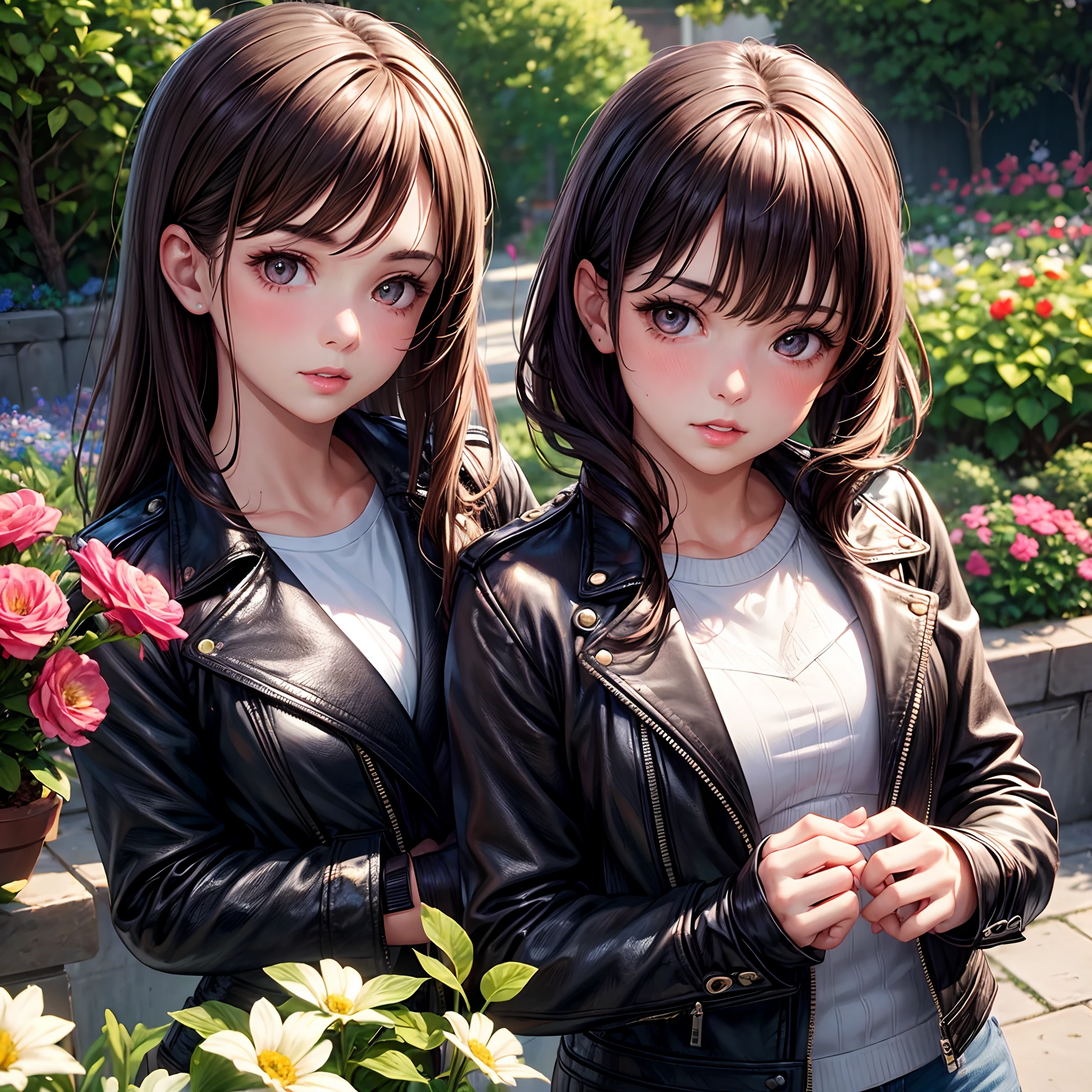 Realistic, 1girl in, Dark hair, dark brown eyes, Bright eyes, Split lips, blush, Cute, garden, day, Flowers. leather jackets,girl,