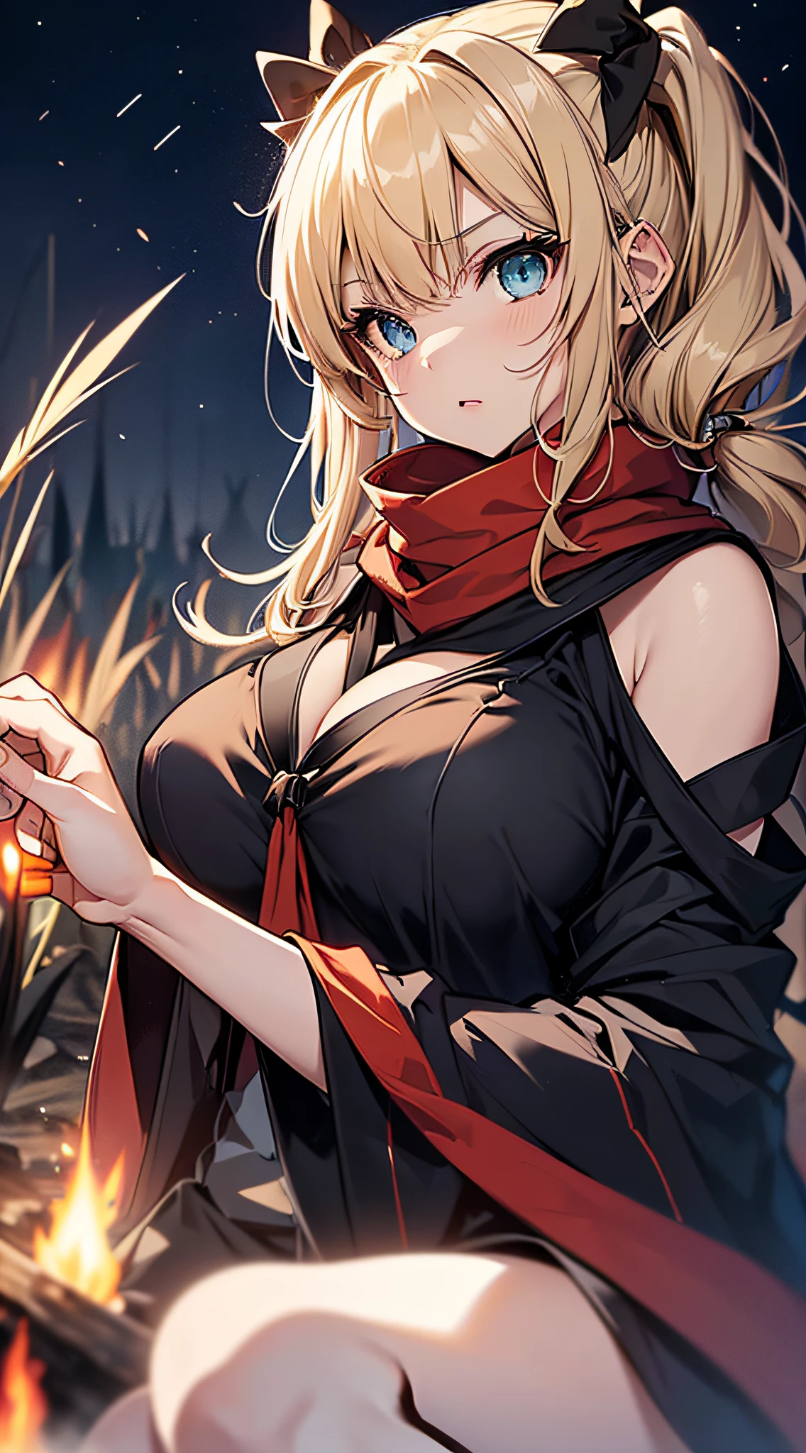 top-quality、Top image quality、masterpiece、An elf girl((18year old、Best Bust、big bast,Beautiful blue eyes、Breasts wide open, Blonde twintails、A slender,Large valleys、Reflecting the whole body、red scarf、Clothes in black robes、Physical education sitting))hiquality、Beautiful Art、Background with((Night Tent、camp fire、Large grasslands)))、,masutepiece、visualart、depth of fields、