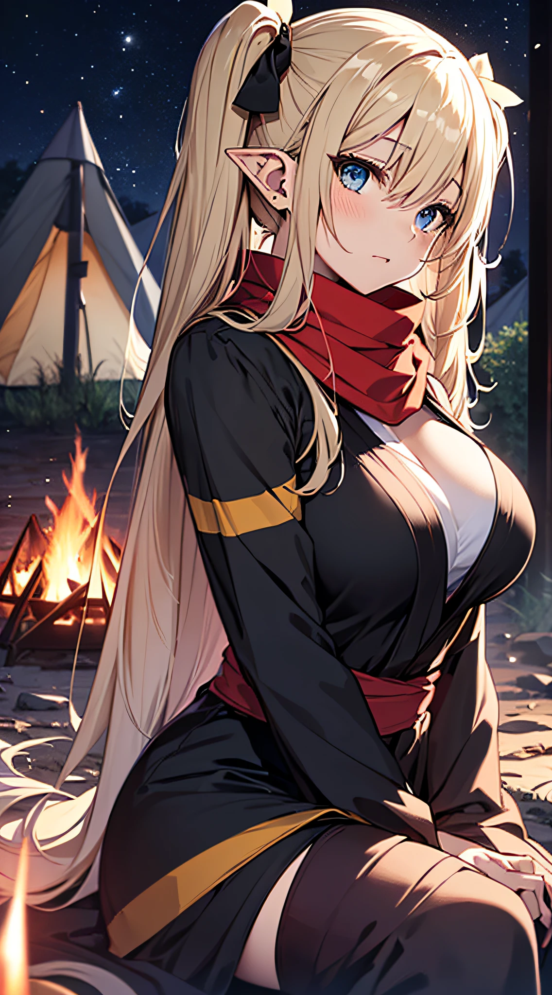 top-quality、Top image quality、​masterpiece、An elf girl((18year old、Best Bust、big bast,Beautiful blue eyes、Breasts wide open, Blonde twintails、A slender,Large valleys、Reflecting the whole body、red scarf、Clothes in black robes、Physical education sitting)）hiquality、Beautiful Art、Background with((Night Tent、camp fire、Large grasslands)))、,masutepiece、visualart、depth of fields、