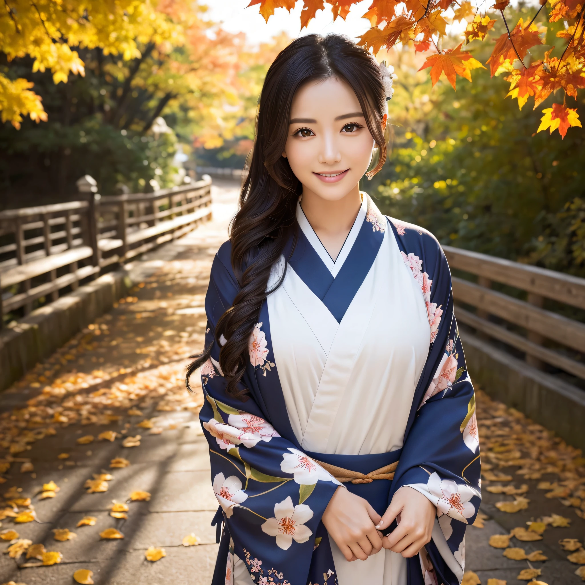 (Super beautiful woman in kimono)、((best qualtiy、8k masterpieces:1.3))、foco nítido:1.2、(ultra beautiful faces:1.0)、(shinny skin:1.0)、photos realistic、A dark-haired、Video Lighting、High-definition eyes and face、Video Lighting、Japanese actressl、from the front side、medium breasts、With a happy smile、wearing kimonos、Under the autumn leaves、