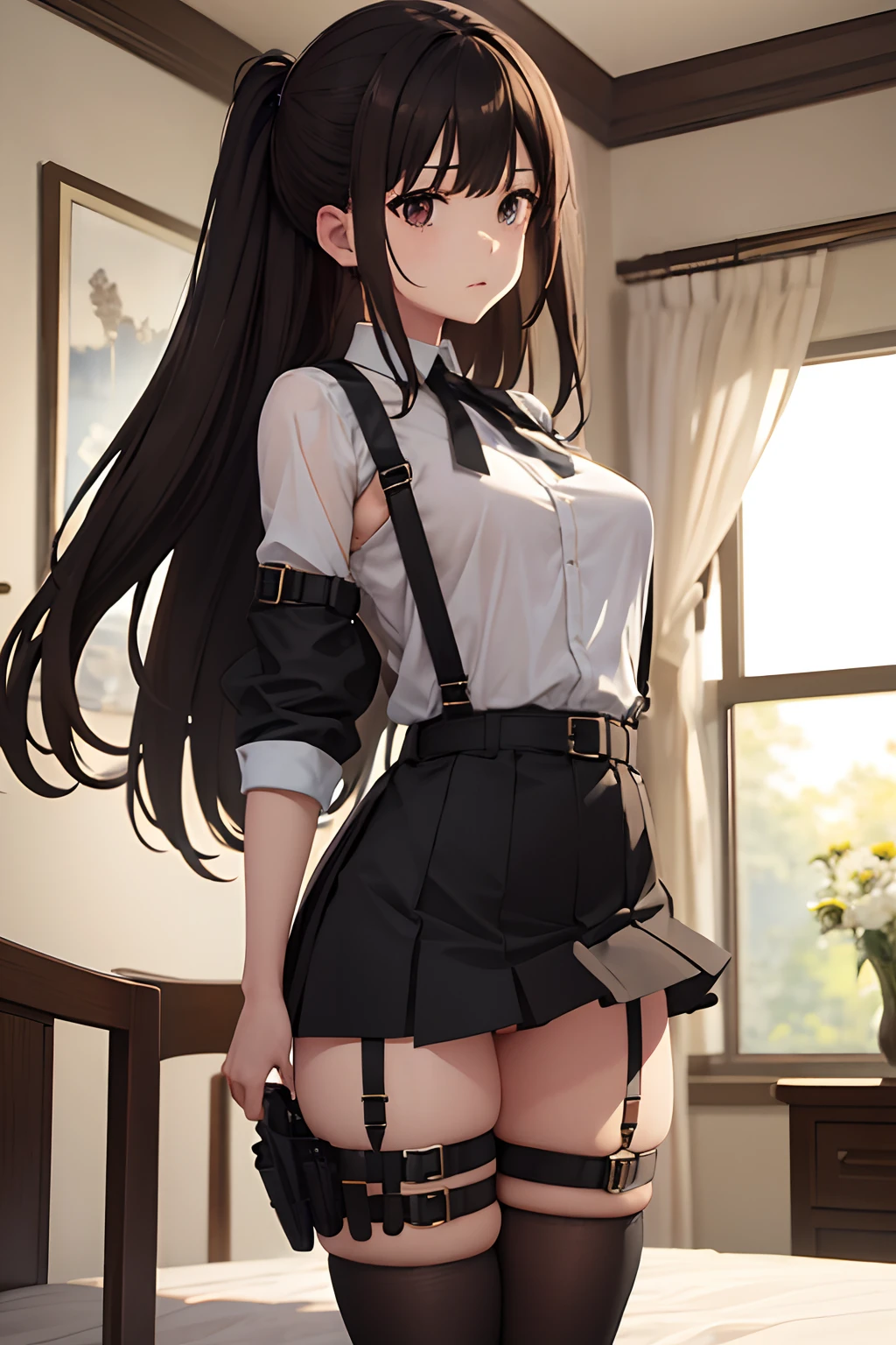 ​masterpiece、flat-colors、depth of fields、lens flare 1 girl、、Brown hair、watching at viewers　　　black suspenders　　　Bulging big breasts　　　 　 Armpit sweat　perspiring　Side of both hands　　walls: 　Black miniskirt　garters　　　　　　Gaze　　　Small face　bangss 　flank　　　　holster　　Belt Armament　Beautuful Women　srestrained　Hands behind your back　On the bed　Leg holster