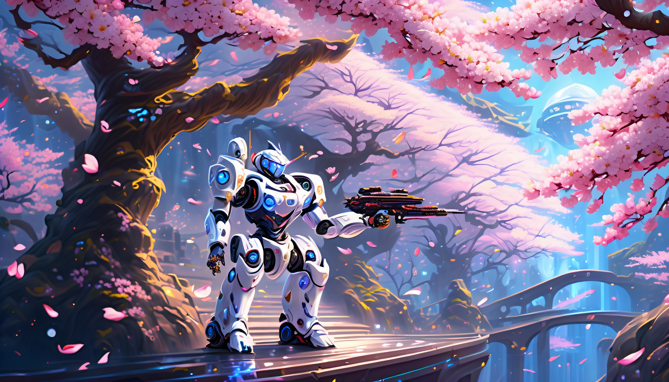 (((intricate detail digital painting illustration:1.3))), (((witness the ultimate masterpiece of white paladin inspired space-engineering-combat-robot:1.3))), (((flurry of cherry blossom petals:1.5))), adorned with intricate designs and armed with advanced weapons, movements are a mesmerizing display of complexity and grace in the vastness of space, (((holographic cherry blossom trees of floating in space street intricate detail:1.3))), each armed with powerful machine guns, (((intricate insane detail glow:1.3))), (((intricate insane details:1.3))), (((extremely intricate details))), (((fantasy masterpiece:1.3))), (((sharpness and clarity unmatched:1.3))), ultra realistic, (((radiosity rendered in stunning 32k resolution:1.3))), highest quality, highly quality, Neo-realism,