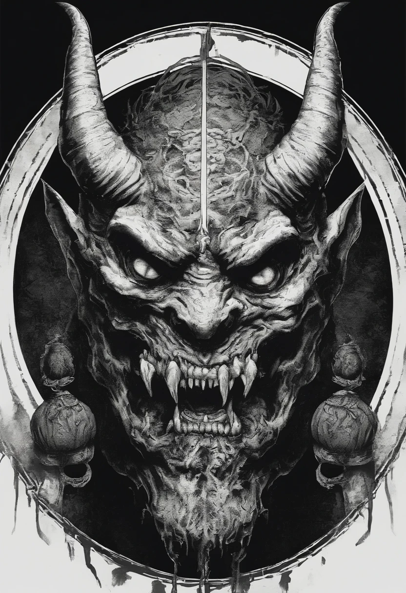 symbol of an oni head in a thin circle with a white and black background for the oni