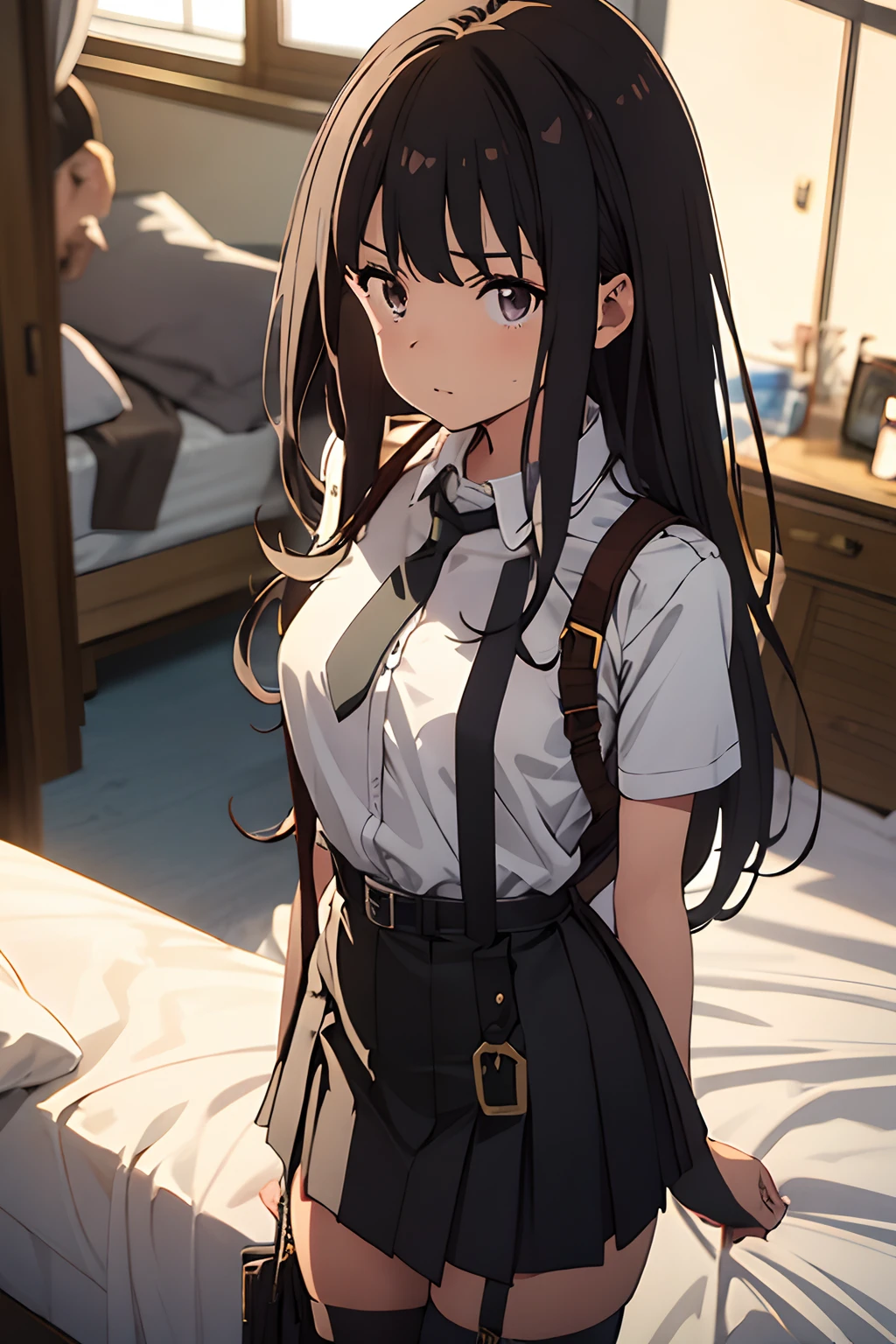 double eyelid), , ((最high quality, 16K, masterpiece: 1.3)), 1 female, , high quality, masterpiece, Ultra-high resolution, , Cinema Lighting, , , And the suspenders with the cranes flying Moderate breasts Small face holster Lying in bed Looking up Sweat belt summer 脇Sweat Black Hole Gloves suit shirt Black jacket Black trousers Leg Links ズボンにbelt holster Hands behind your back Anxious expression Looking up Anxious face