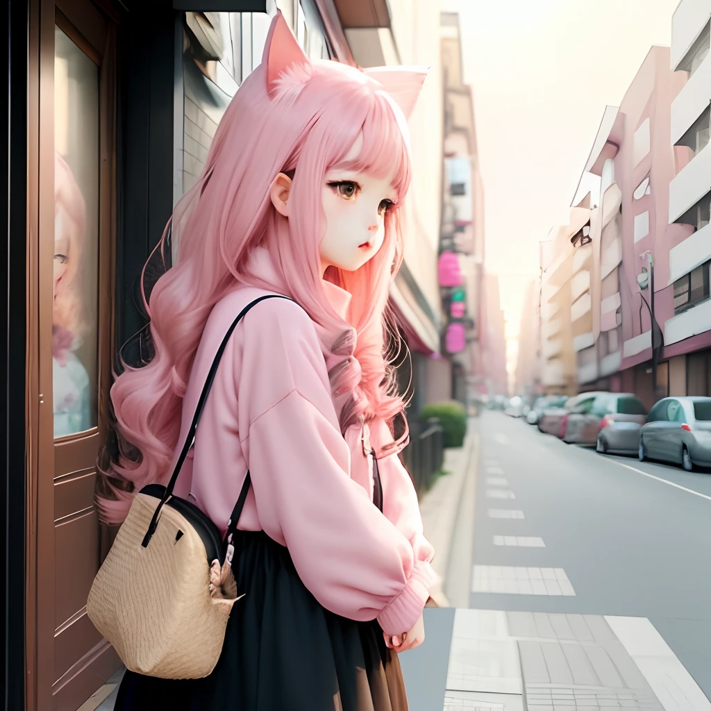 Woman kawaii pink hair eyes brown kawaii clothes perfil long hair cat girl