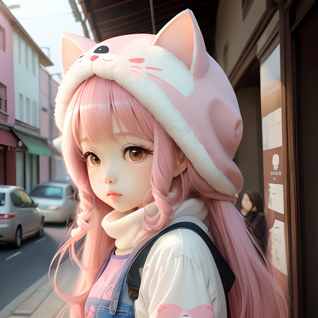 Woman kawaii pink hair eyes brown kawaii clothes perfil long hair cat girl
