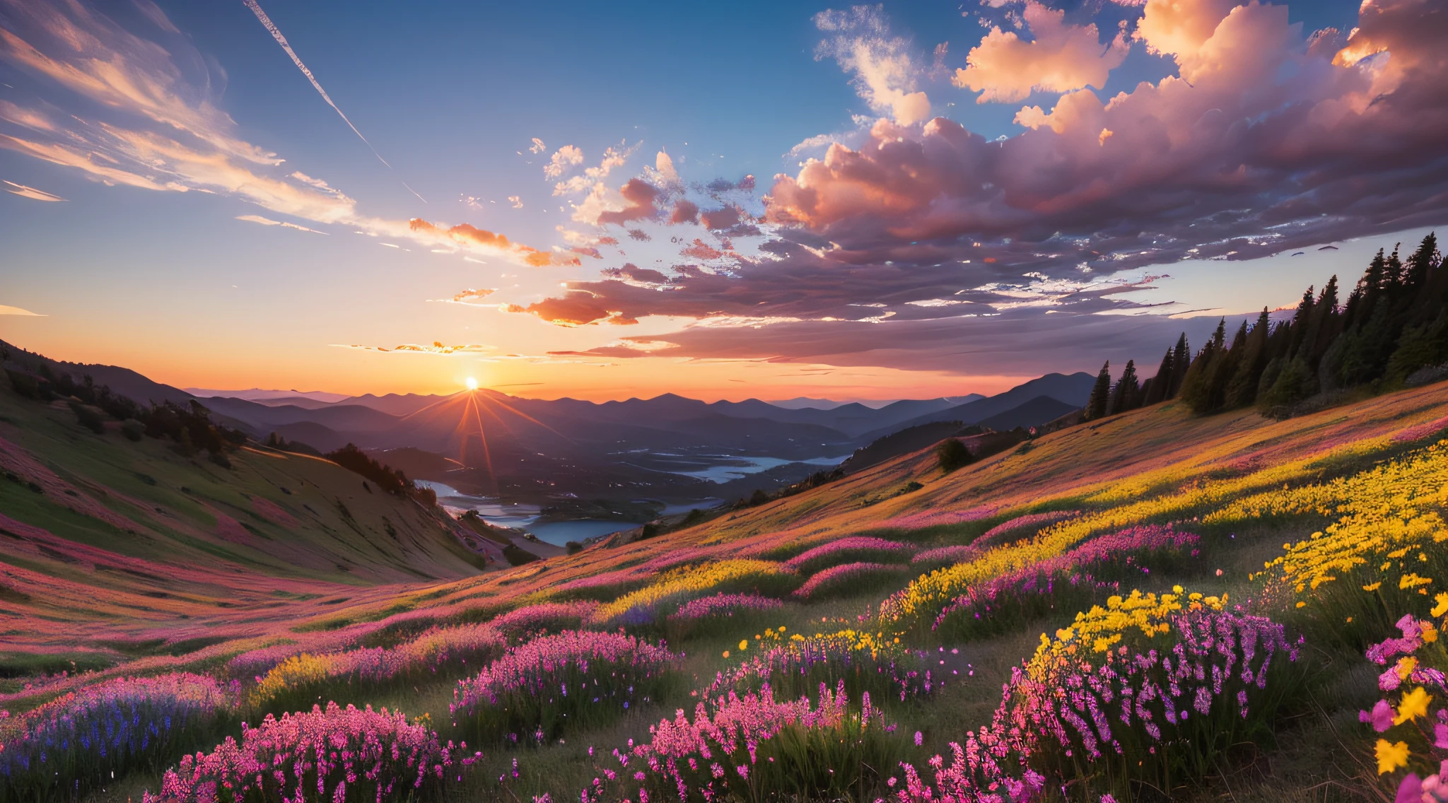 There were beautiful sunsets, The hillside is covered with flaxseeds, Flaxseed flowers are close at hand, with blue sky and white clouds, surreal colors, Colorful sunset, colorfull sky, Marvelous sky reflections, stunning skies, dream like atmosphere 8k, Colorful clouds, Reflection of colors on the surface of the lake, surreal sky, Red and blue reflections, Flame reflection, beautiful sky, beautiful and spectacular dusk, Beautiful dreamy scenery, stunning skies