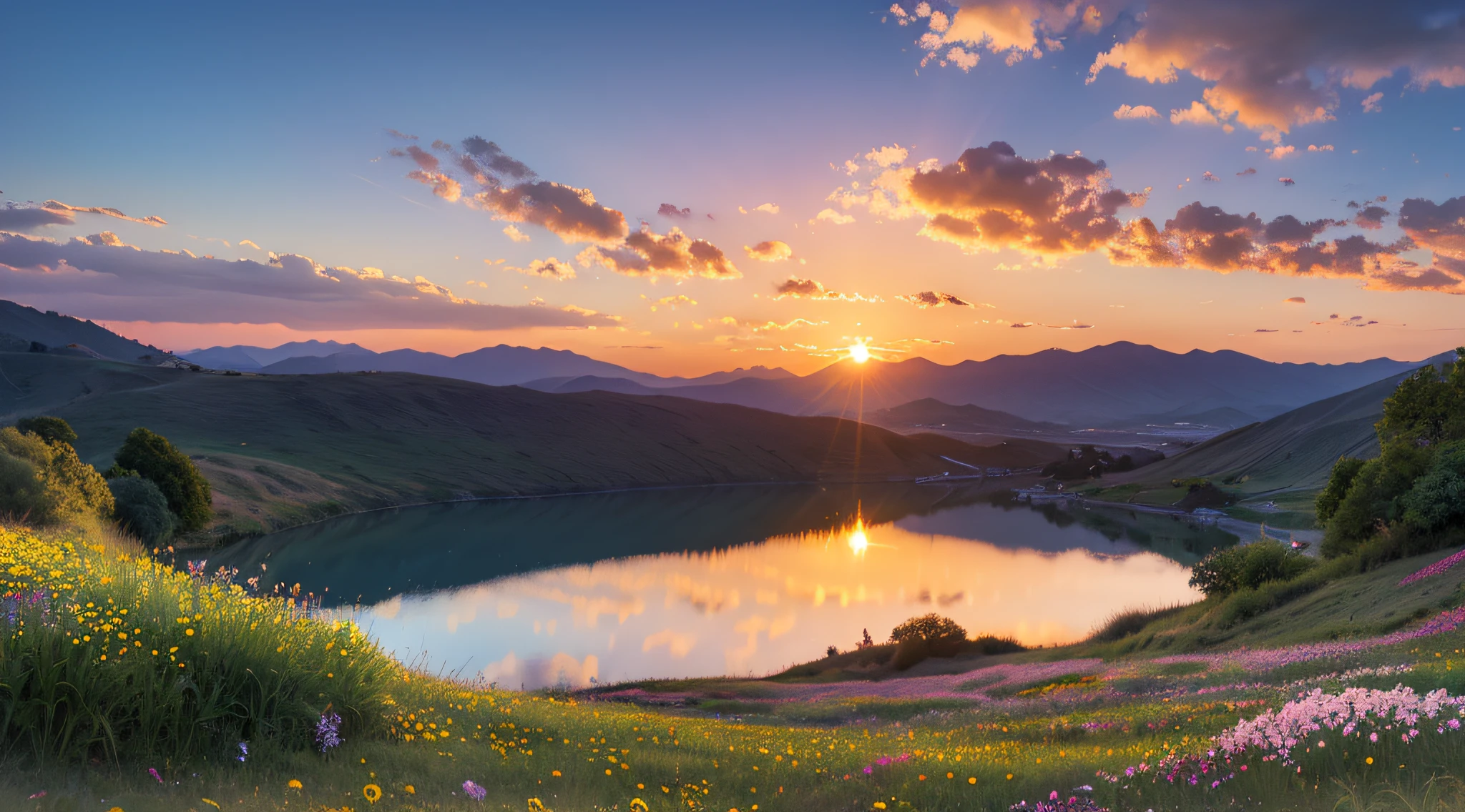 There were beautiful sunsets, The hillside is covered with flaxseeds, Flaxseed flowers are close at hand, with blue sky and white clouds, surreal colors, Colorful sunset, colorfull sky, Marvelous sky reflections, stunning skies, dream like atmosphere 8k, Colorful clouds, Reflection of colors on the surface of the lake, surreal sky, Red and blue reflections, Flame reflection, beautiful sky, beautiful and spectacular dusk, Beautiful dreamy scenery, stunning skies