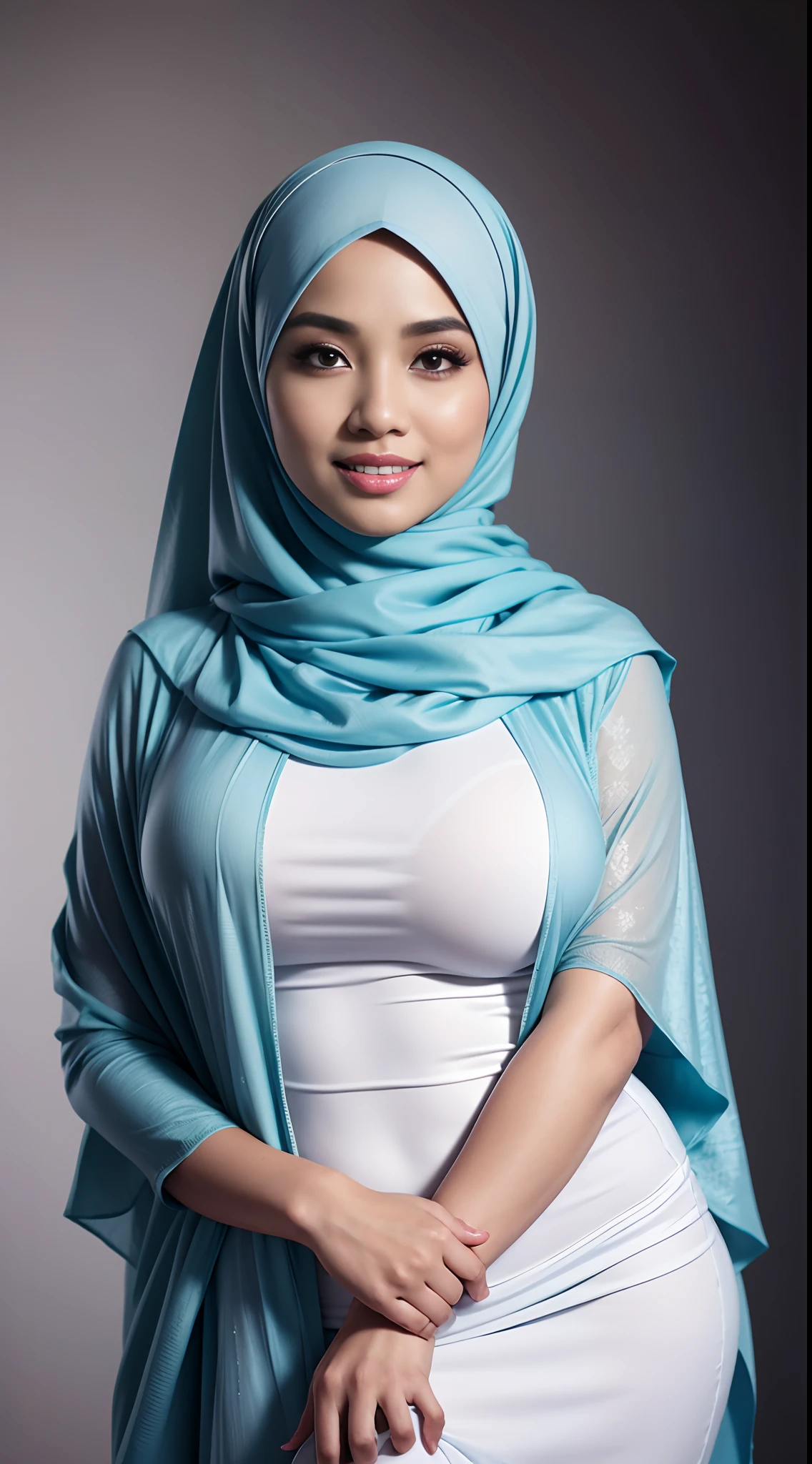RAW, Best quality, high resolution, masterpiece: 1.3), beautiful Malay woman in hijab (iu:0.8)1beautiful Malay woman in hijab wearing modern youth Muslim clothing,medium breasts, modest fashion, flowing shawl, portrait photography, mid shot photo, ultra detail, professional photo with professional lighting, smile, light blue studio random background, sexy seductive pose, curvy ,