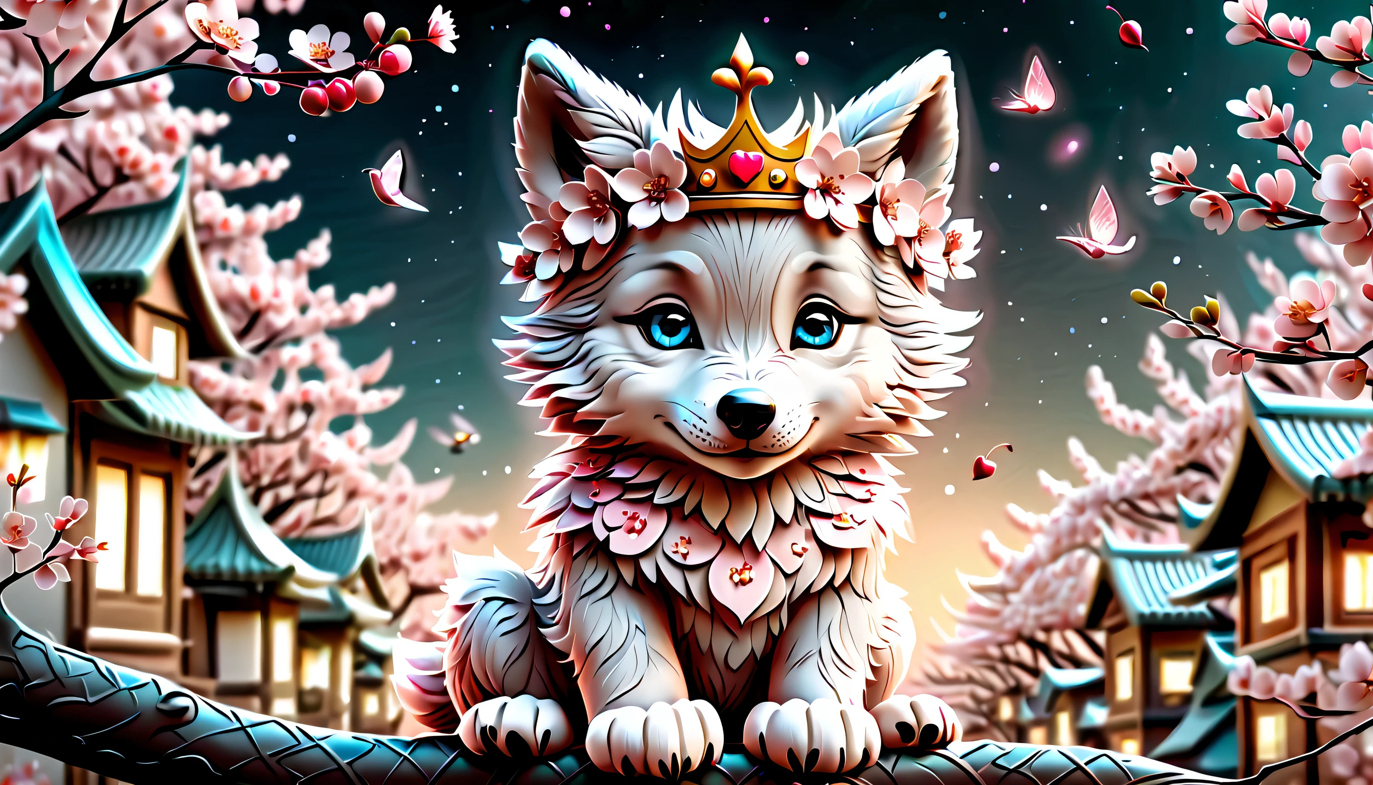 ultimate masterpiece, (((stunning illustration of a cute wolf cub wearing a crown of cherry blossoms:1.3))), sitting in truly stand out cherry blossom tree-lined street, movements are a mesmerizing display of complexity and grace in the vastness of city, stunning space universe sky intricate detail, intricate insane beautiful detail glow, mesmerizing effect, delicate beauty touch, rendering is simply breathtaking, delicate strokes and powerful details,
