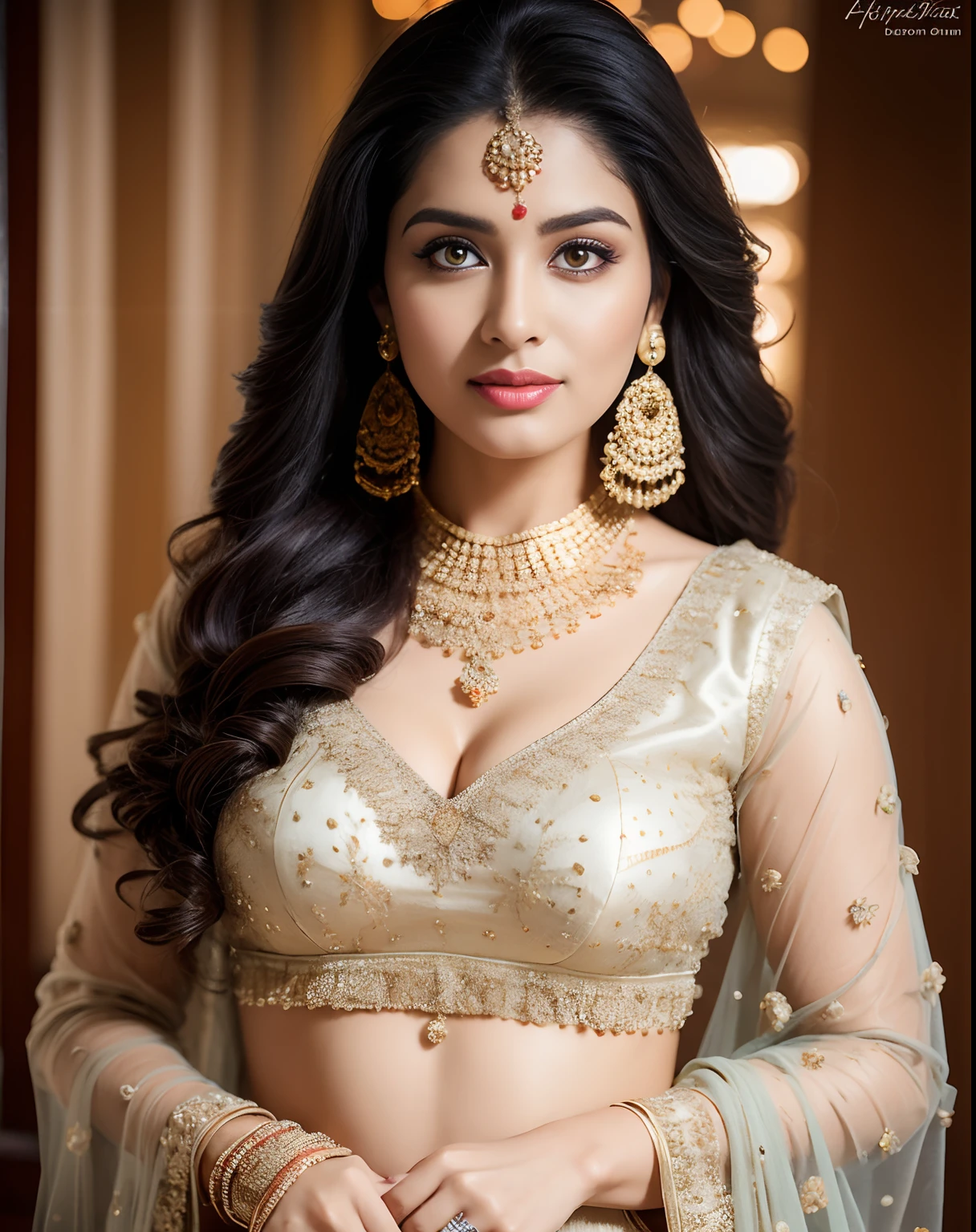 portrait of A confident-looking indian woman princess with long flowing hair, hazel eyes, with flowing see-through royal saree, celebrating Diwali, cracker in hand,deep in hand,rangoli,wearing designer jewellery,palace background, bokeh perfect composition, hyper realistic, super detailed, 8k, high quality, trending art, trending on artstation, sharp focus, photo shoot, intricate details, highly detailed,
