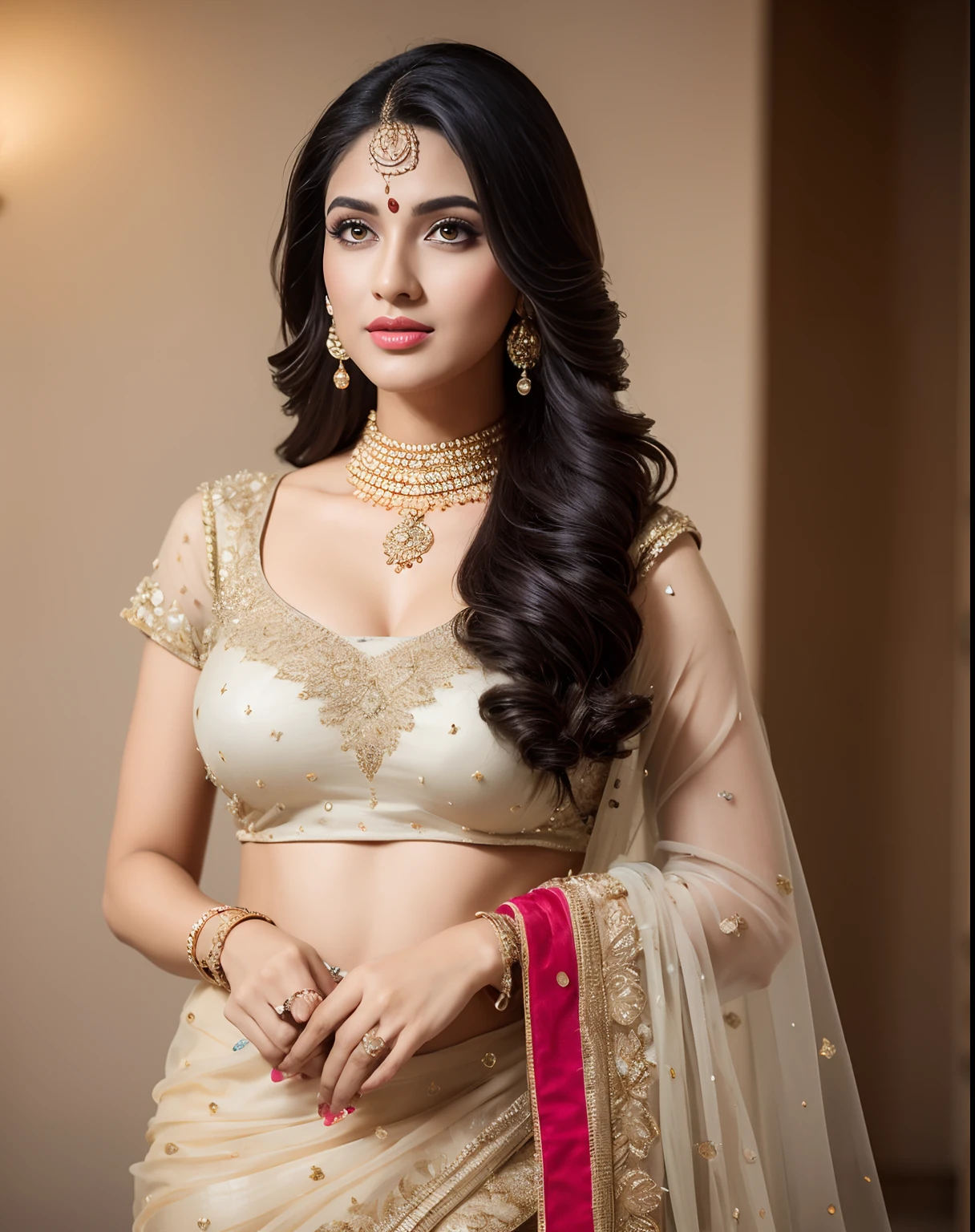 portrait of A confident-looking indian woman princess with long flowing hair, hazel eyes, with flowing see-through royal saree, celebrating Diwali, cracker in hand,deep in hand,rangoli,wearing designer jewellery,palace background, bokeh perfect composition, hyper realistic, super detailed, 8k, high quality, trending art, trending on artstation, sharp focus, photo shoot, intricate details, highly detailed,