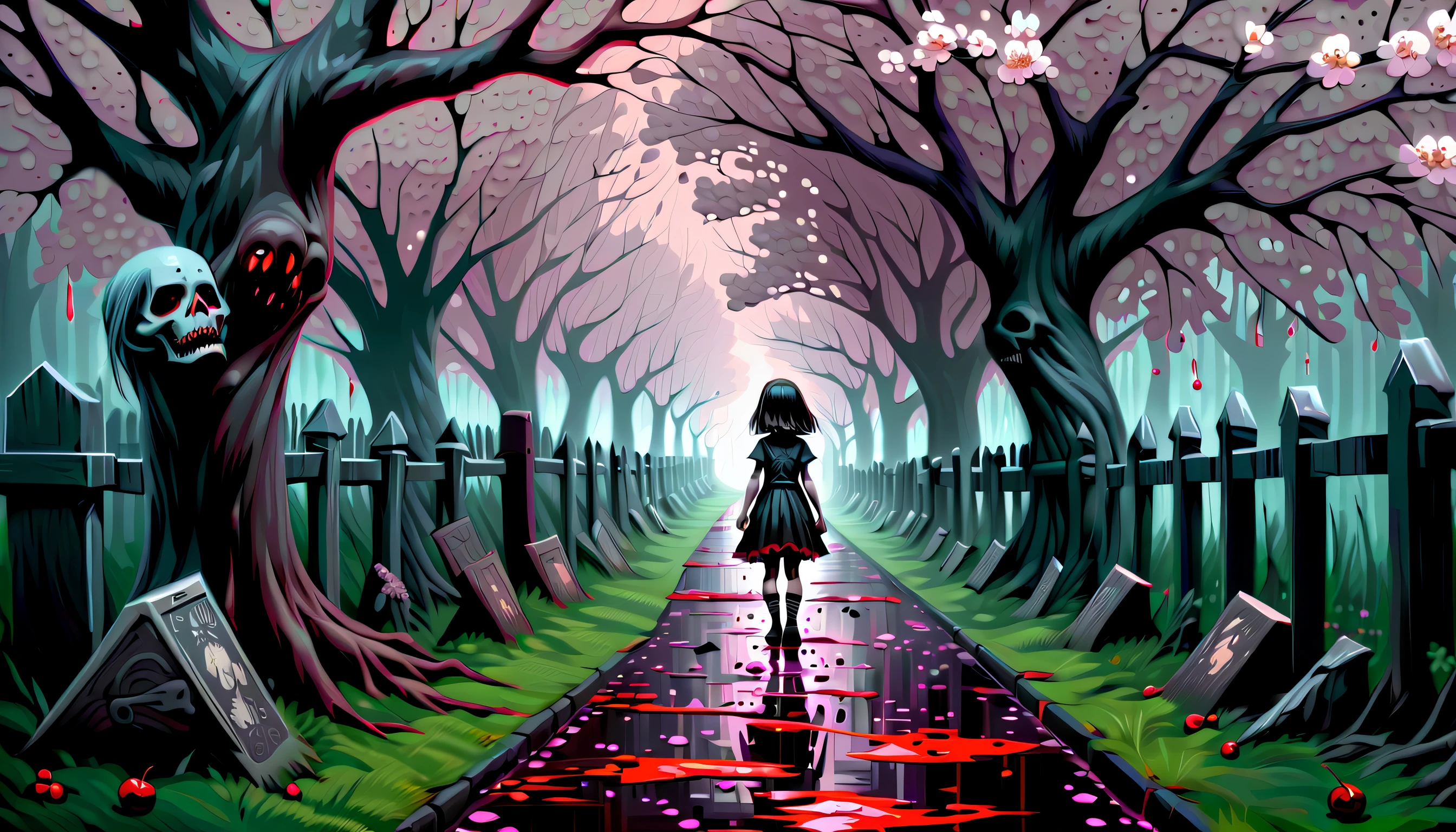 gothic little girl, step into a world where horror and art collide, features a unique rendering style that combines oil painting with pixelated glow effects, undead crawl out from the ground, result is a hauntingly beautiful scene of a cherry blossom tree lined path, with undead creatures emerging from the ground. details are so visually descriptive and detailed, gothic and dark fantasy. palette knife painting captures the essence of horror, strokes are wild and chaotic, depicting a scene of terror and screams, amidst the chaos, stunning beauty in the way the colors blend and swirl together, unique and creative take on horror art, with a touch of pixelated glow to add an extra layer of fear, (((radiosity rendered in stunning 32k resolution:1.3))),