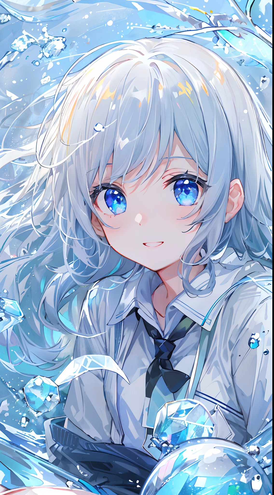 ((top-quality)), ((​masterpiece)), ((ultra-detailliert)), (Extremely delicate and beautiful), girl with, 独奏, cold attitude,((Black jacket)),She is very(relax)with  the(Settled down)Looks,A dark-haired, depth of fields,Evil smile,Bubble, under the water, Air bubble,bright light blue eyes,inner color with bright gray hair and light blue tips,,,,,,,,Cold background,Bob Hair - Linear Art, shortpants、knee high socks、White uniform like school uniform、Light blue ribbon ties、Clothes are sheer、Hands in pockets、Bright eyes like sapphire,Fronllesse Blue, A small blue light was floating、Upper Eyes、glass shards、Snowflake eyes、fantastic eyes