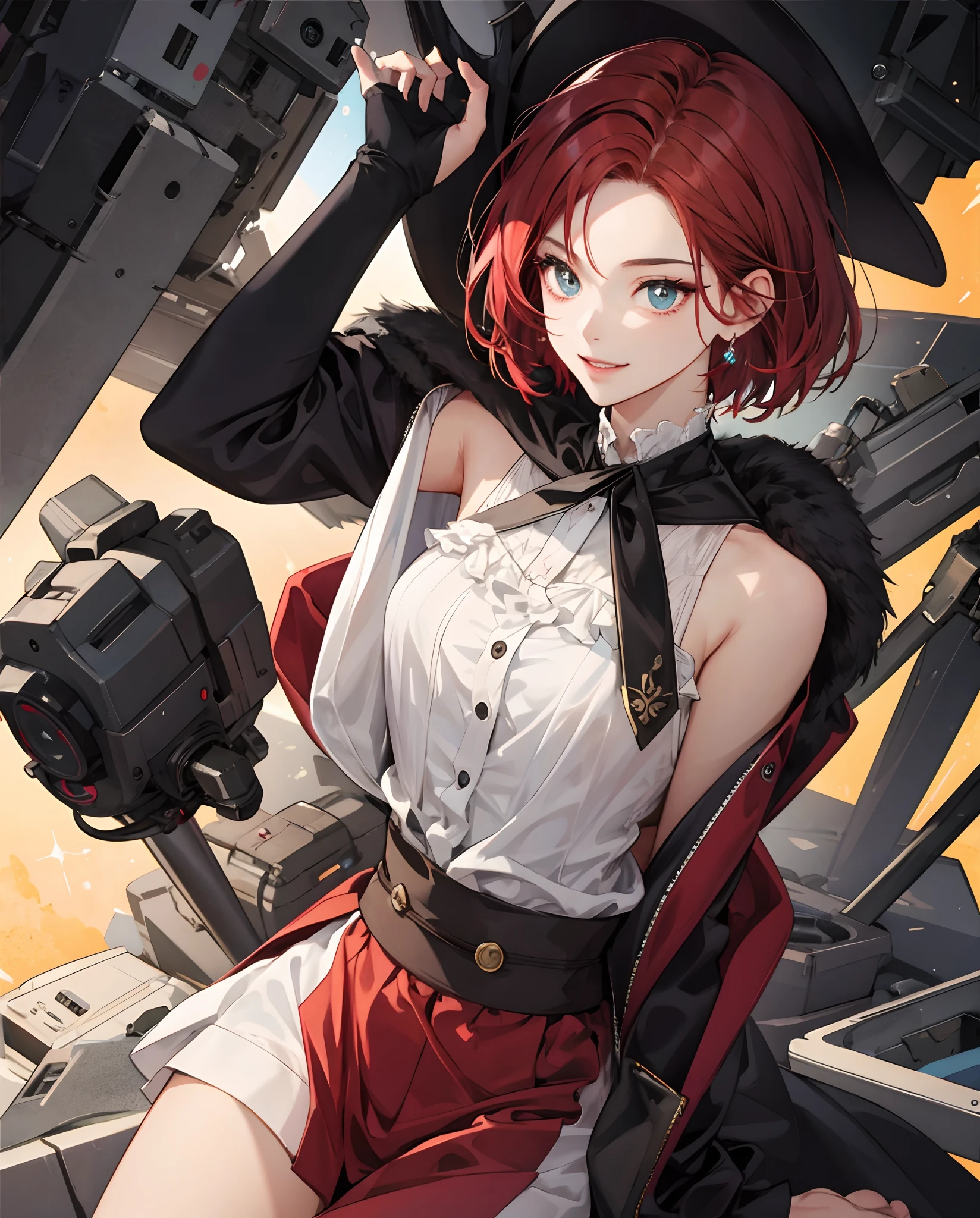 masterpiece、top-quality、超A high resolution、2D Beautiful Girl、animesque、teens girl、Red hair、She has short hair and ties her hair、pupils、Black suit、Beautiful eyes、The clothes are also depicted in detail、Eyes are depicted in detail、The face is depicted in detail、soio、Gentle smile、Full body front、animesque、illustratio