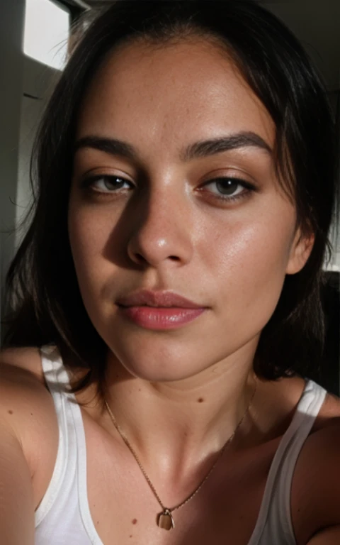photorealistic, wearing clothes, best quality, hyper detailed,sweaty, beautiful caucasian woman, selfie photo, upper body, solo, voluptuous, (sexy, ),analog style, looking at viewer, film grain, close up, ultra high res, best shadow, RAW, instagram LUT ,