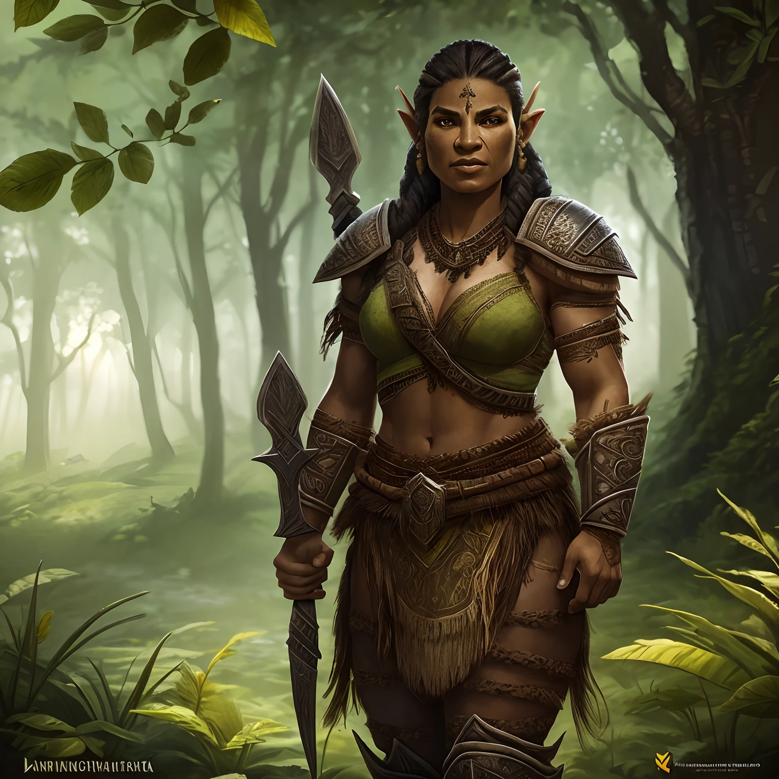 Obra prima melhor qualidade, A Female Orc Warrior tribal linda com tatuagens tribais em uma floresta, On a beautiful morning, intrincado extremamente detalhado, 8k, ultra realista