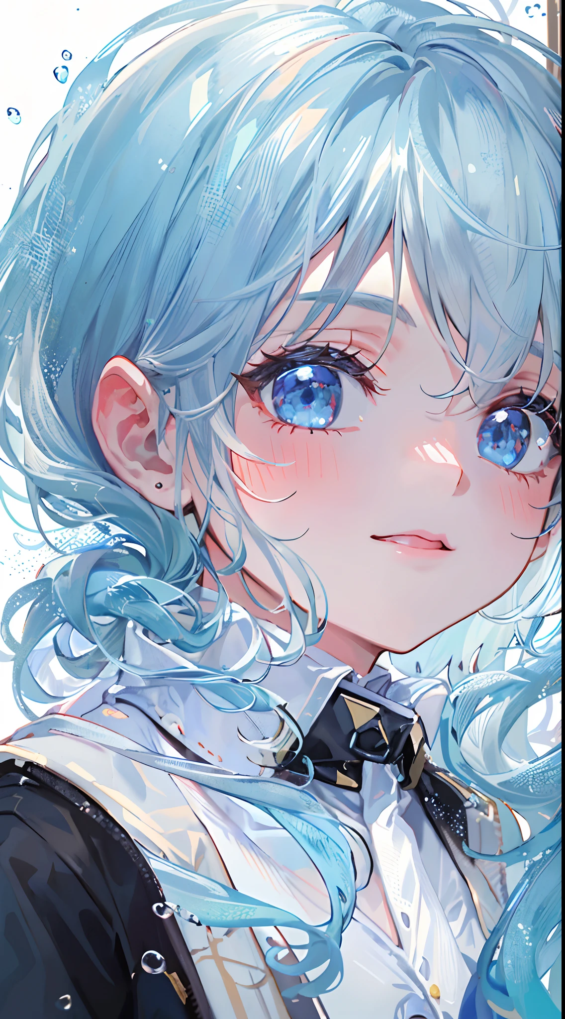 ((top-quality)), ((masterpiece)), ((ultra-detailliert)), (Extremely delicate and beautiful), girl with, 独奏, cold attitude,((Black jacket)),She is very(relax)with the(Settled down)Looks,A dark-haired, depth of fields,Evil smile,Bubble, under the water, Air bubble,bright light blue eyes,inner color with bright gray hair and light blue tips,,,,,,,,,,,Cold background,Bob Hair - Linear Art, shortpants、knee high socks、White uniform like school uniform、Light blue ribbon ties、Clothes are sheer、Hands in pockets、Bright eyes like sapphire,Fronllesse Blue, A small blue light was floating、Upper Eyes、foodie, Halloween