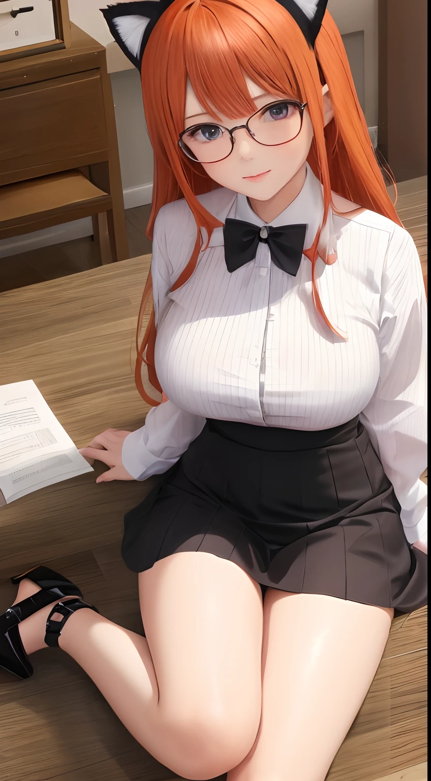 anime girl, 1 person, orange hair, glasses, Crown,maid,cat ear, front view, big breasts, tights, sitting on desk,exposed chest, underwear, maid suit, shy, blushing, lifting skirt , bright sky, sitting cross-legged, high heels,exposed chest, underwear, middle-aged women, blushing, lifting skirt, showing off underwear, (full HD 4K+ image