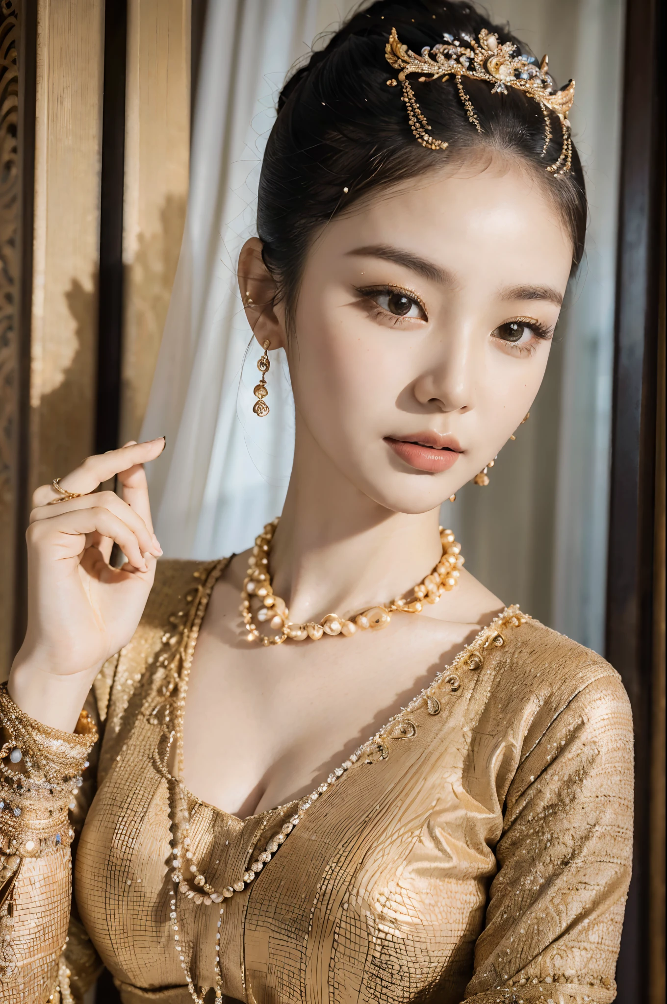 (best quality,4k,8k,highres,masterpiece:1.2),ultra-detailed,(realistic,photorealistic,photo-realistic:1.37), MMTD Burmese patterned traditional dress, beautiful lady wearing the dress, detailed eyes and face, long eyelashes, wear pearl necklaces and gold bracelets, soft natural lighting