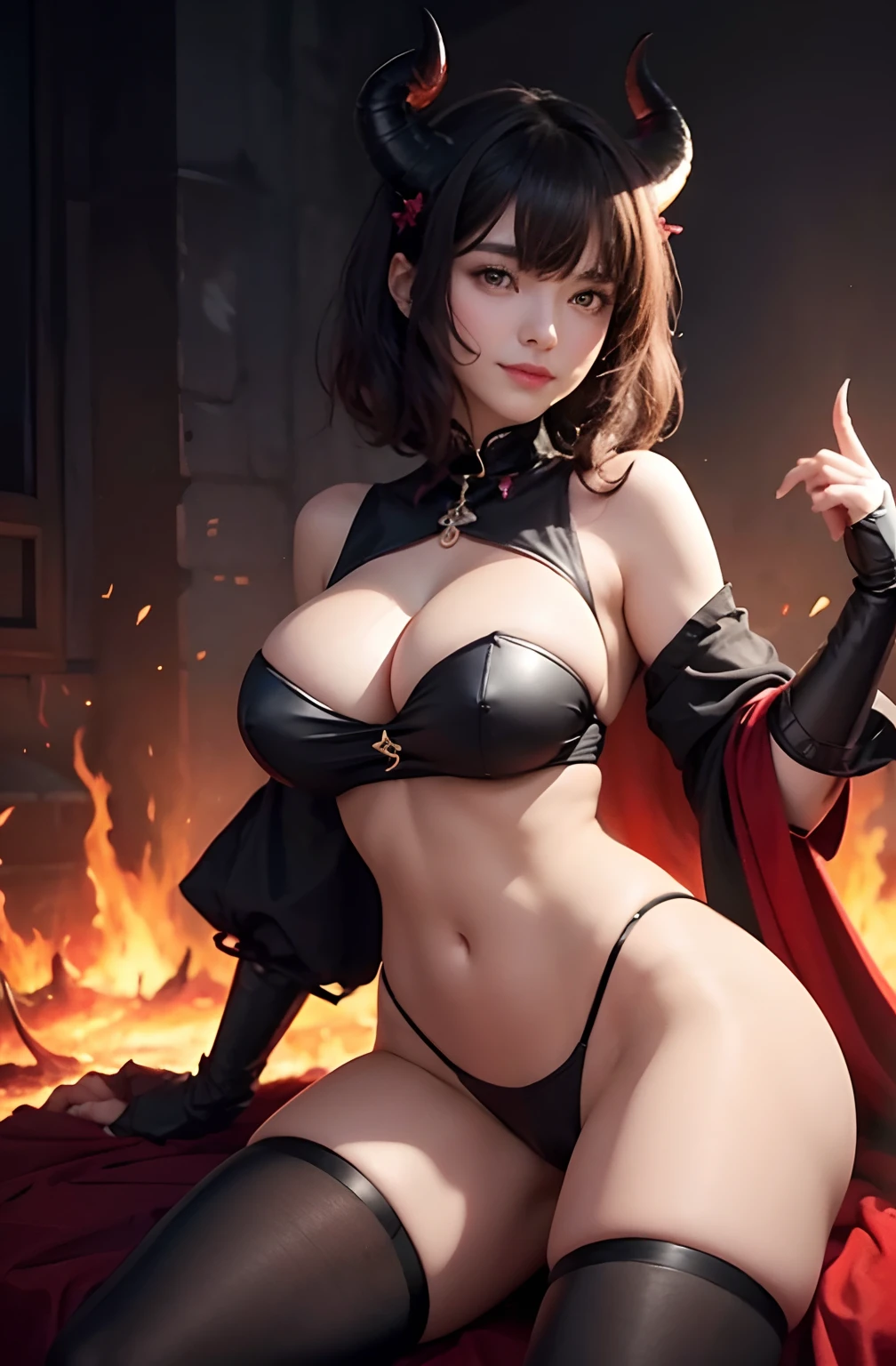 1girl in.Female Devil,She looks at me with a bewitching smile,Golden Eyes,seductive lips,tusk,A dark-haired,short curly hair,It has a large devil's horn growing,Accurately drawn face,Slender but big breasts,Black beast hair covers the udder and crotch,,cleavage of the breast,Navel,Constriction,tre anatomically correct,Precise fingers,Pointed claws,masterpiece,high-level image quality,Immoral atmosphere,The background is a picture of hell,