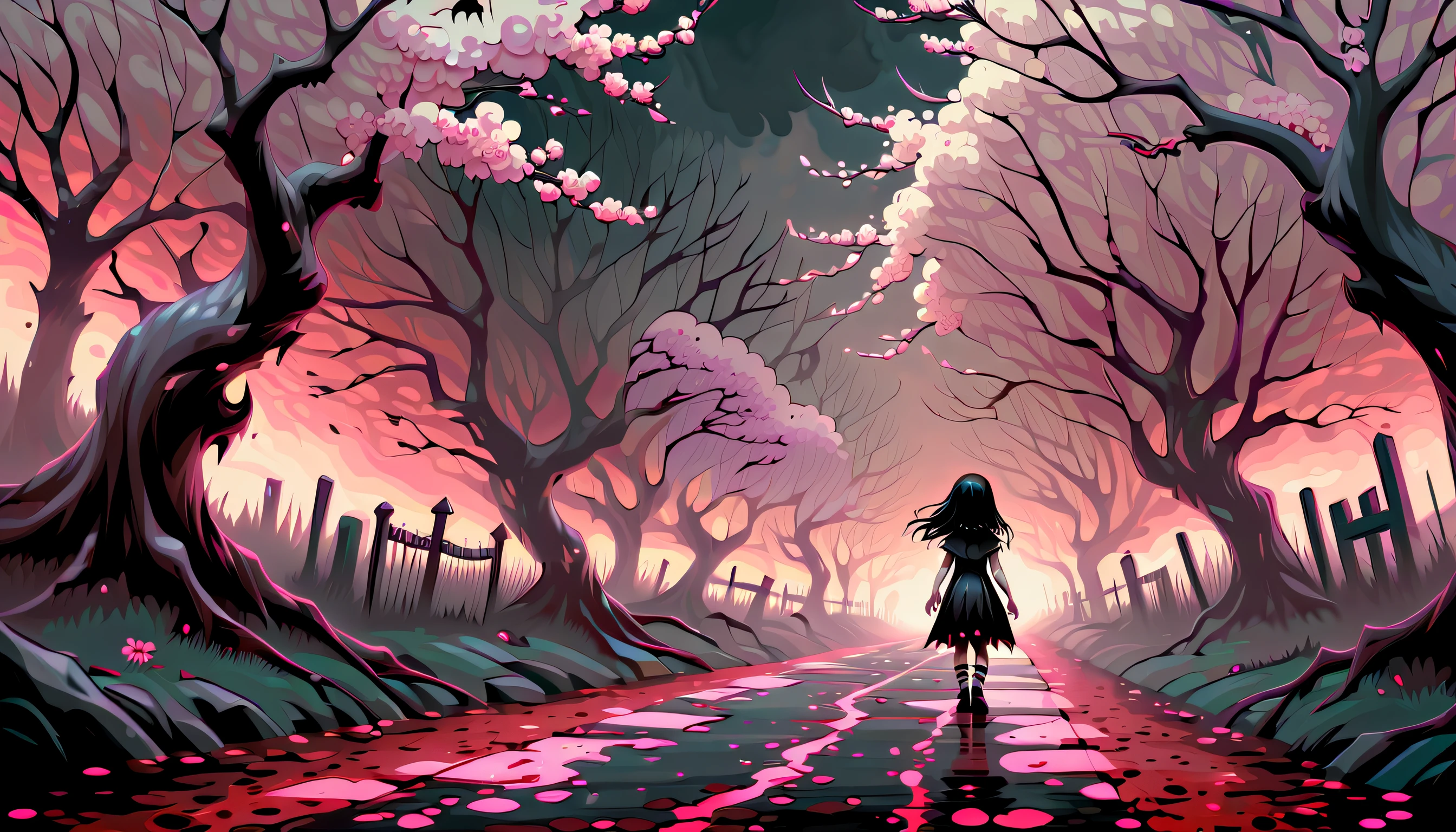 gothic little girl, step into a world where horror and art collide, features a unique rendering style that combines oil painting with pixelated glow effects, undead crawl out from the ground, result is a hauntingly beautiful scene of a cherry blossom tree lined path, with undead creatures emerging from the ground. details are so visually descriptive and detailed, gothic and dark fantasy. palette knife painting captures the essence of horror, strokes are wild and chaotic, depicting a scene of terror and screams, amidst the chaos, stunning beauty in the way the colors blend and swirl together, unique and creative take on horror art, with a touch of pixelated glow to add an extra layer of fear,  (((radiosity rendered in stunning 32k resolution:1.3))),