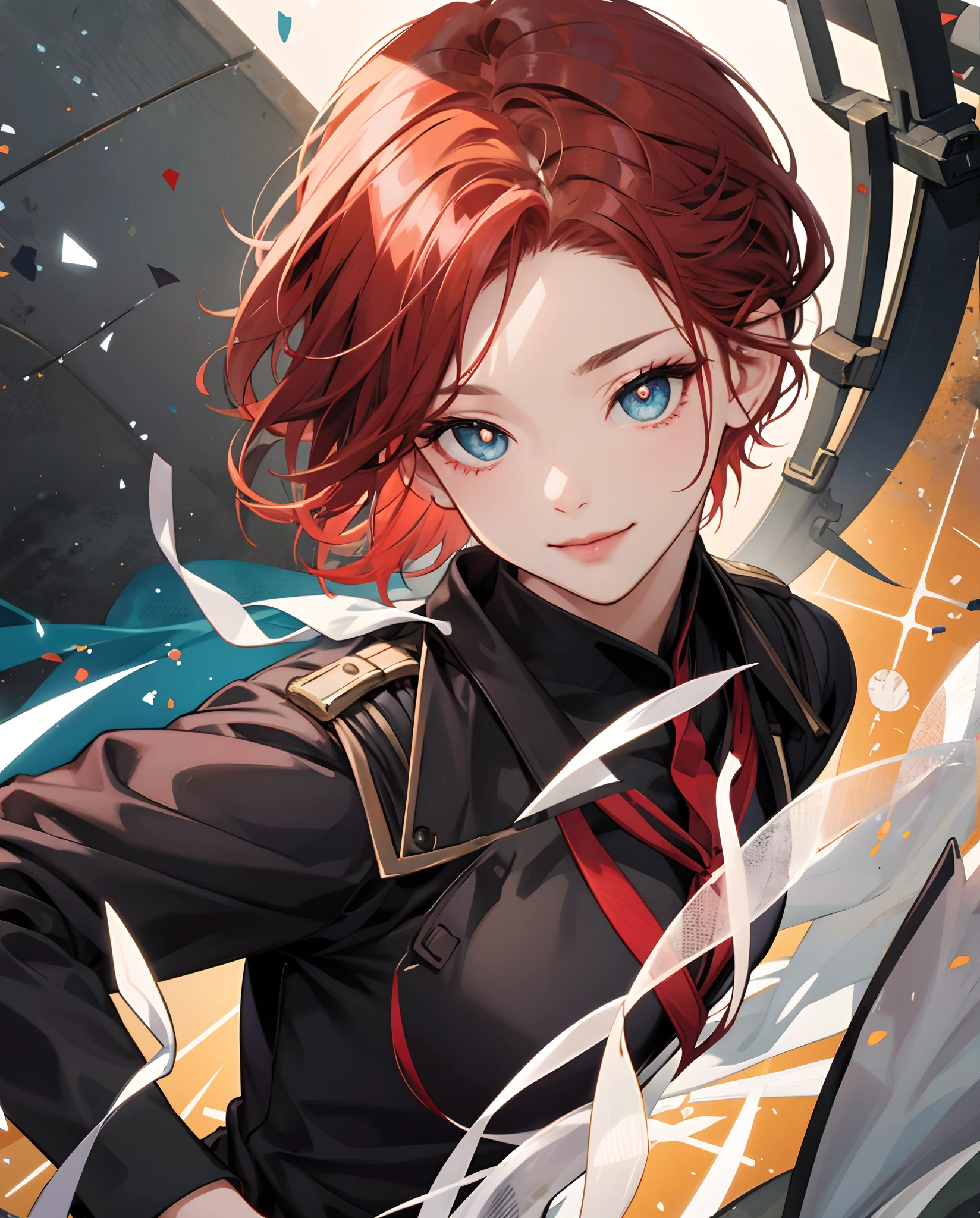 masterpiece、top-quality、超A high resolution、2D Beautiful Girl、animesque、teens girl、Red hair、She has short hair and ties her hair、pupils、Black suit、Beautiful eyes、The clothes are also depicted in detail、Eyes are depicted in detail、The face is depicted in detail、soio、Gentle smile、Full body front、animesque、illustratio