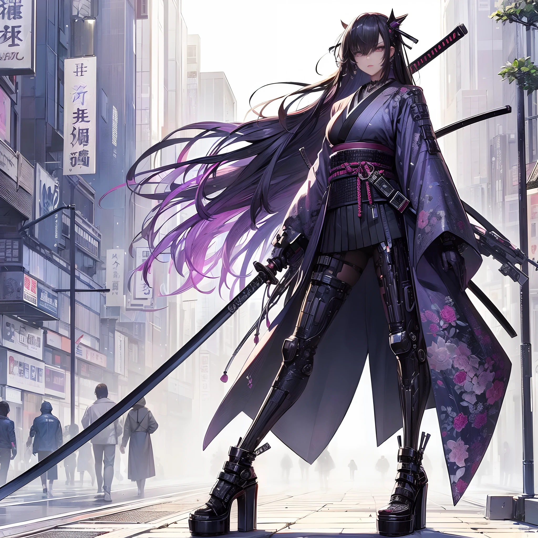 (masutepiece, Best Quality), (Perfect athlete body:1.2), (detailed hairs), Ultra-detailed, Anime style, Full body, Solo, Cyberpunk Samurai Girl, Wear a kimono over a full-fit bodysuit, Sheath the sword, long black-purple hair, Standing Downtown, high heels boots, Digital Painting, 8K High Resolution, trend artstation, White background, Whole body,