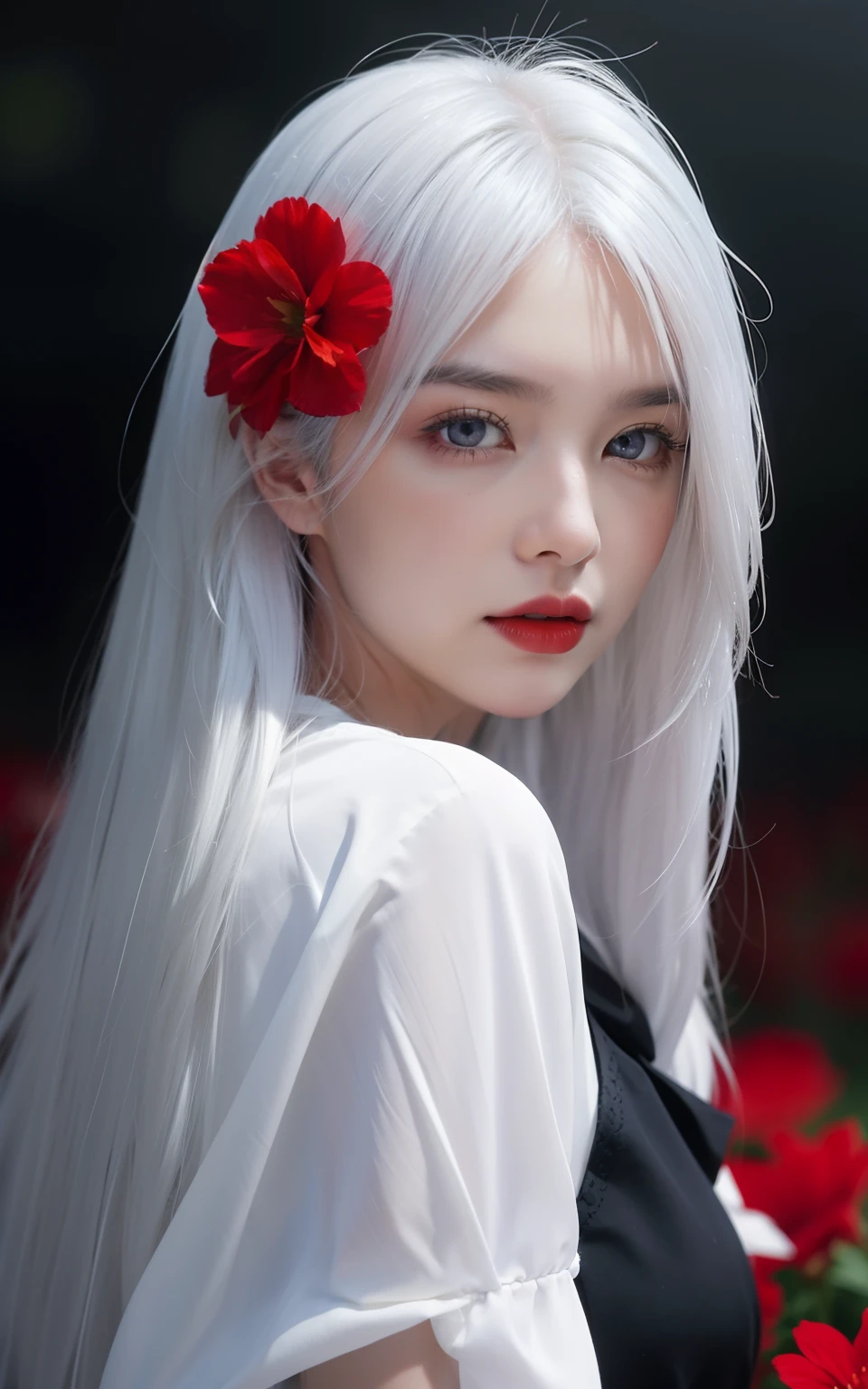 1girll,Solo,1girll,Solo,((Beautiful detailed eyes)), (Detailed light),Depth of field,(White hair),Silver eyes,hair on one eye,(Red flower ), hair flower,Long hair,Black cloak,Wet,emotive,Looking back,Night,Starfall,rained,Heavy fog,Red flowers fall,Sketch,Upper body,intense shading,
