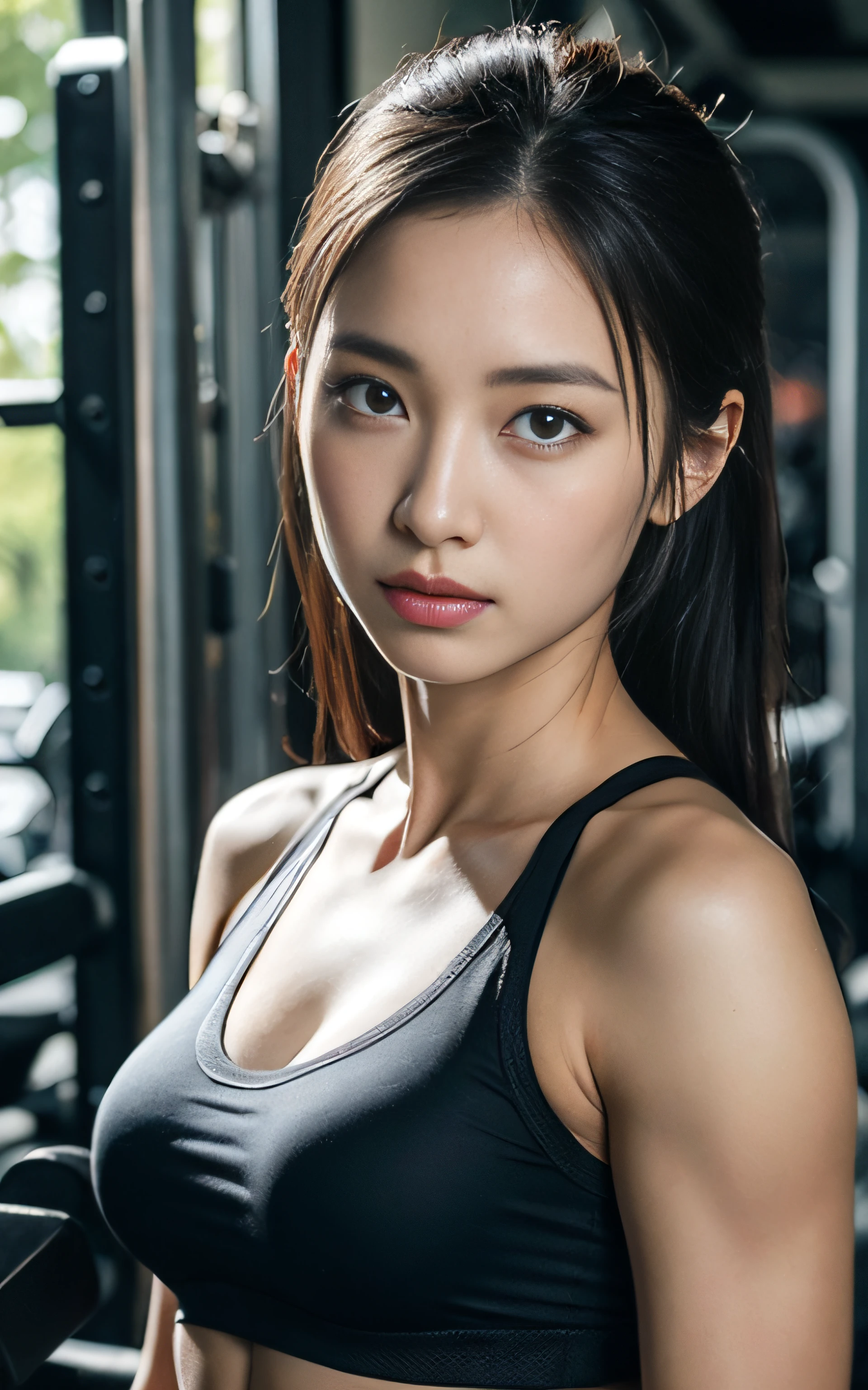 Highly detailed CG Unity 8k wallpaper, top quality, super detailed, masterpiece, realistic, photo realistic, very detailed cute girl, 25 years old, Muscle, abs, round eyes, viewer,  blush, parted lips, half body shot , 
sportswear , gym, お尻を突き出す