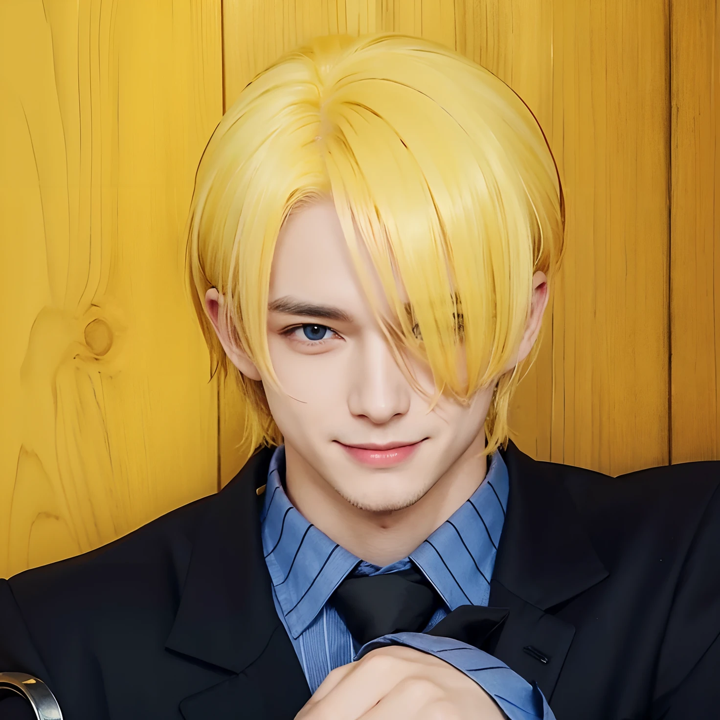 A man with realistic yellow hair, exactly the same hairstyle, realistic handsome face, Realistic thin smiling expression, realistic evil smile, adapt Exactly the same clothes, realistic black suit, realistic blue striped shirt, realistic black tie,Realistic light, realistic shadows, realistic background