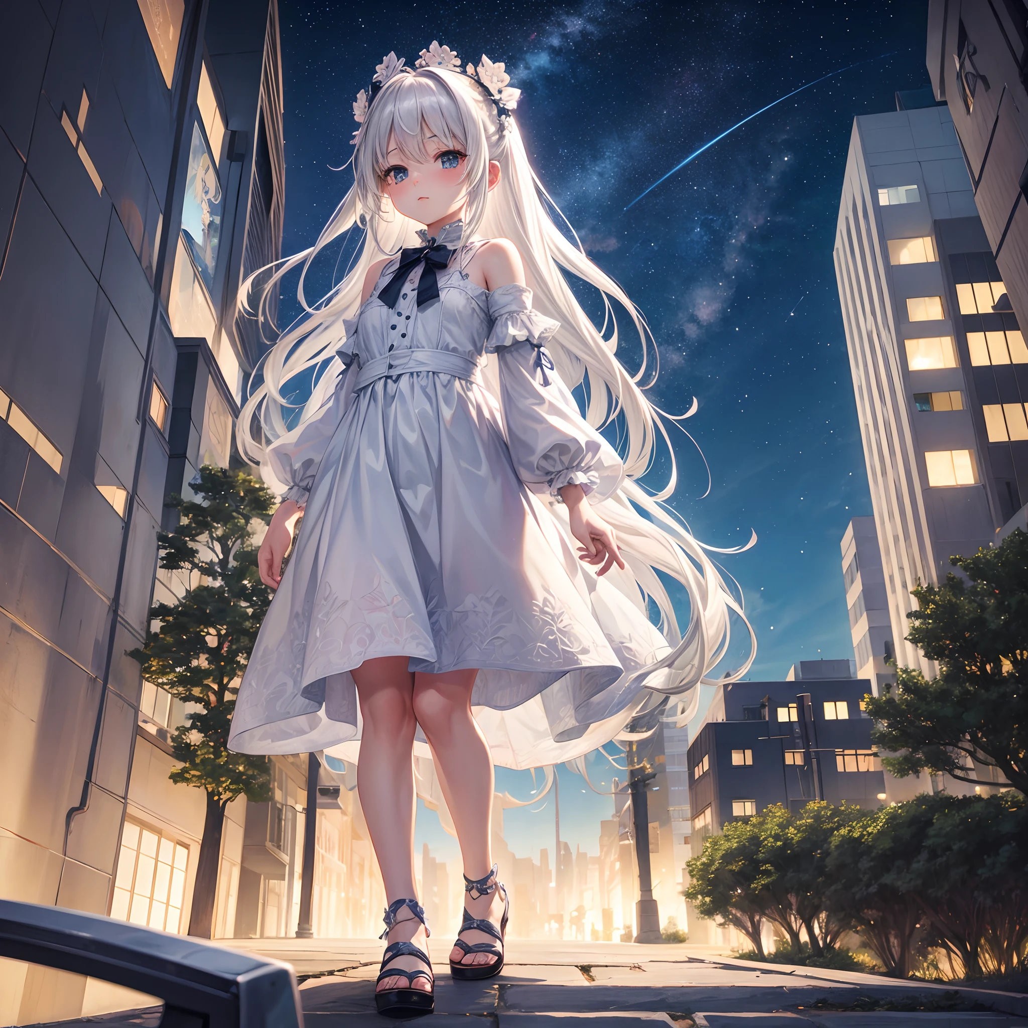 The background is a city, perfect gray hair girl, loli in dress, White-haired, white haired god, Cute anime waifu wearing beautiful clothes, Gray-haired, best anime 4k konachan wallpaper, little curve loli, Guvez on Pixiv Art Station, white-haired girl, nightcore, Stand on a tree, Looking up at the stars, hyperdetailed face