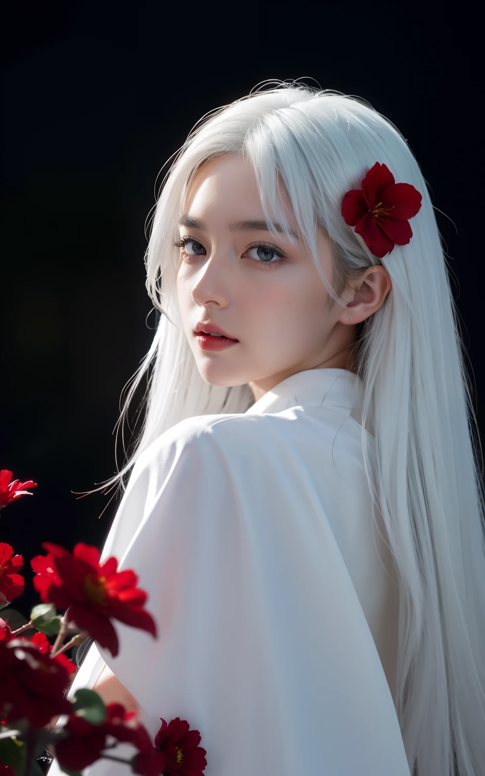 1girll,Solo,1girll,Solo,((Beautiful detailed eyes)), (Detailed light),Depth of field,(White hair),Silver eyes,hair on one eye,(Red flower ), hair flower,Long hair,Black cloak,Wet,emotive,Looking back,Night,Starfall,rained,Heavy fog,Red flowers fall,Sketch,Upper body,intense shading,