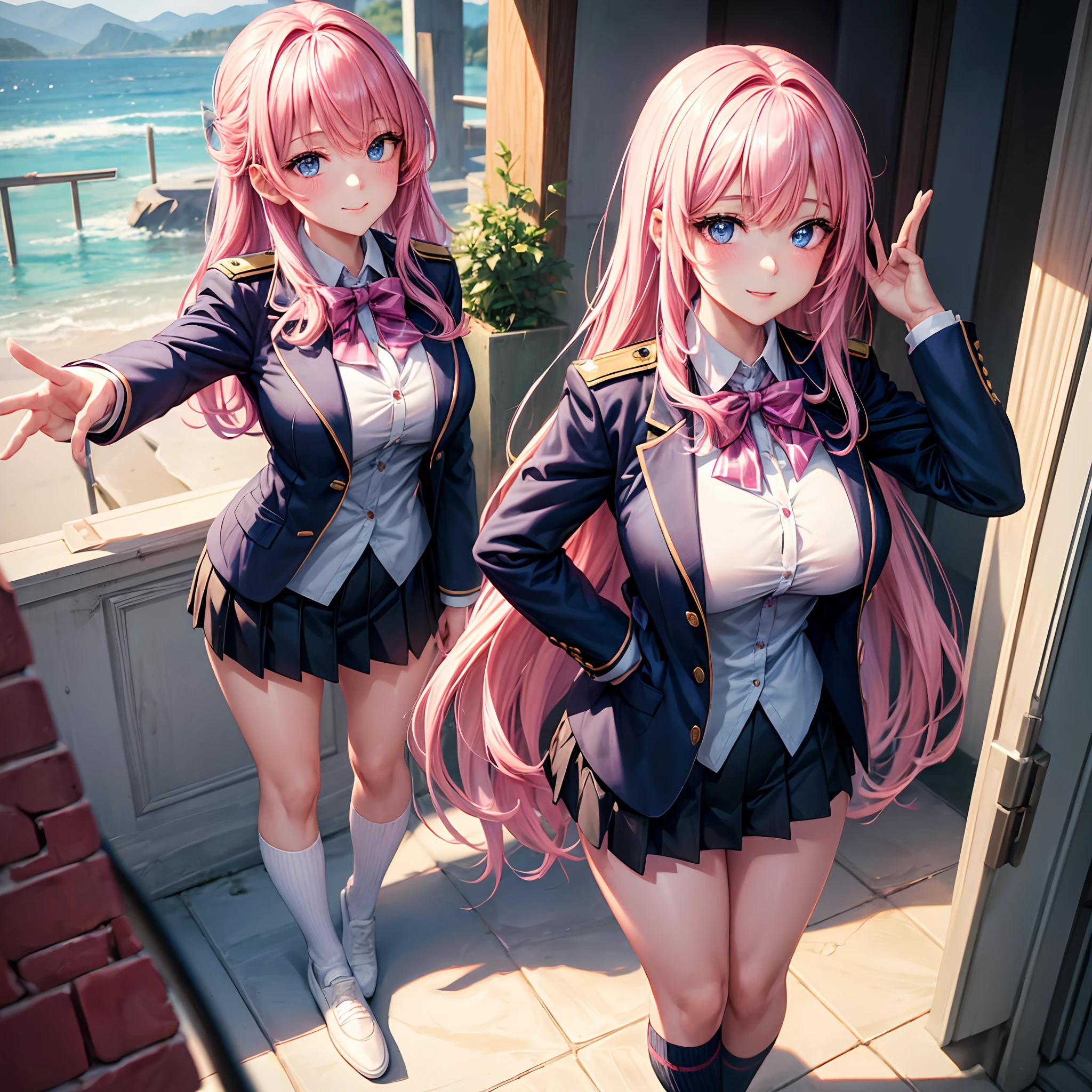 a beauty girl，girl with，academy，huge tit，Excellent style，Best Quality，Blazer in uniform，Wearing loose socks，beautiful a girl，Pink hair，​masterpiece，smil，Long，超A high resolution，blue eyess，valley，Charming girl，