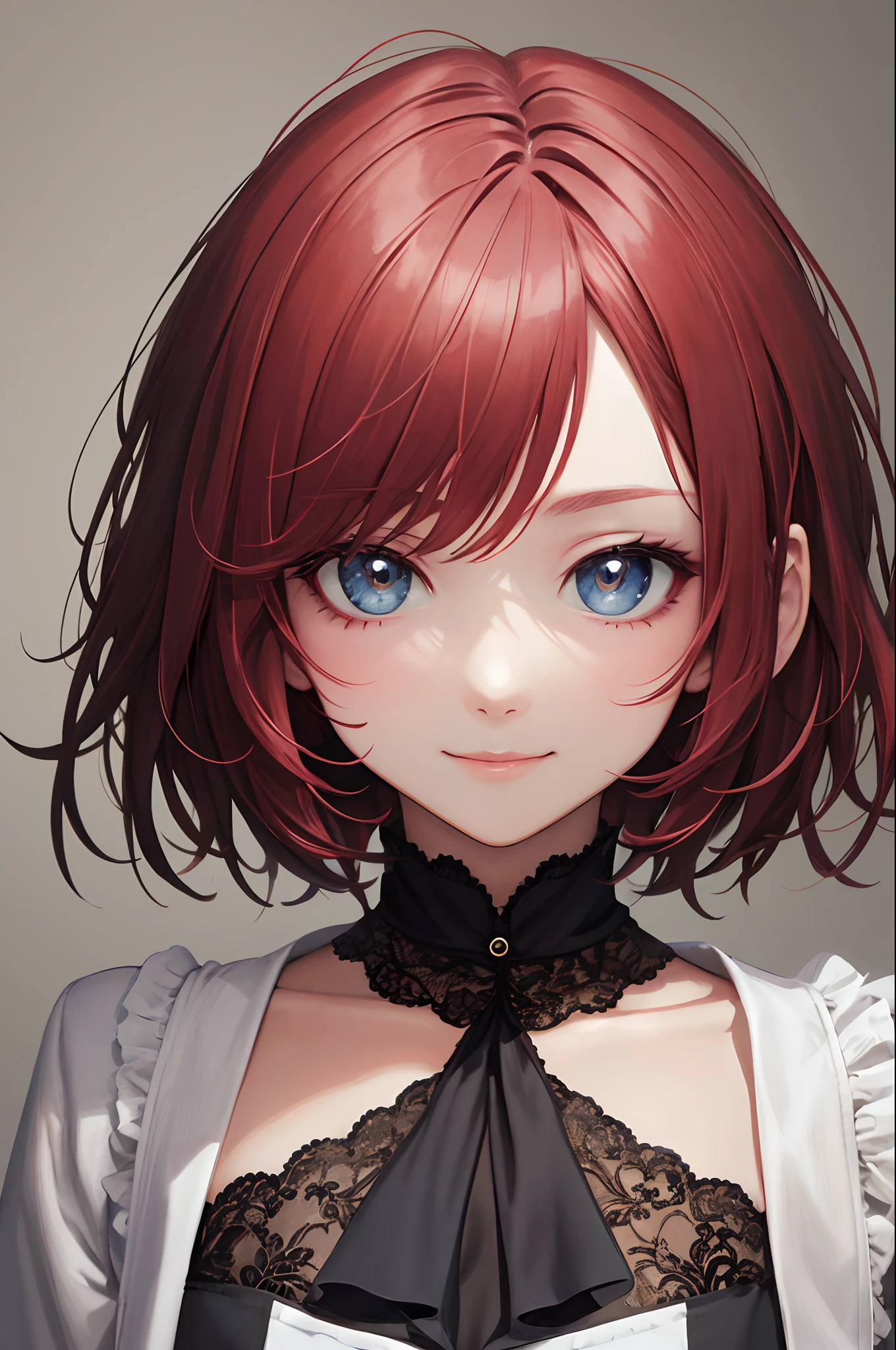 masterpiece、top-quality、超A high resolution、2D Beautiful Girl、animesque、s girl、Red hair、She has short hair and ties her hair、pupils、Black shirt、Beautiful eyes、The clothes are also depicted in detail、Eyes are depicted in detail、The face is depicted in detail、soio、Gentle smile、Full body front、animesque、illustratio、Simple Effects