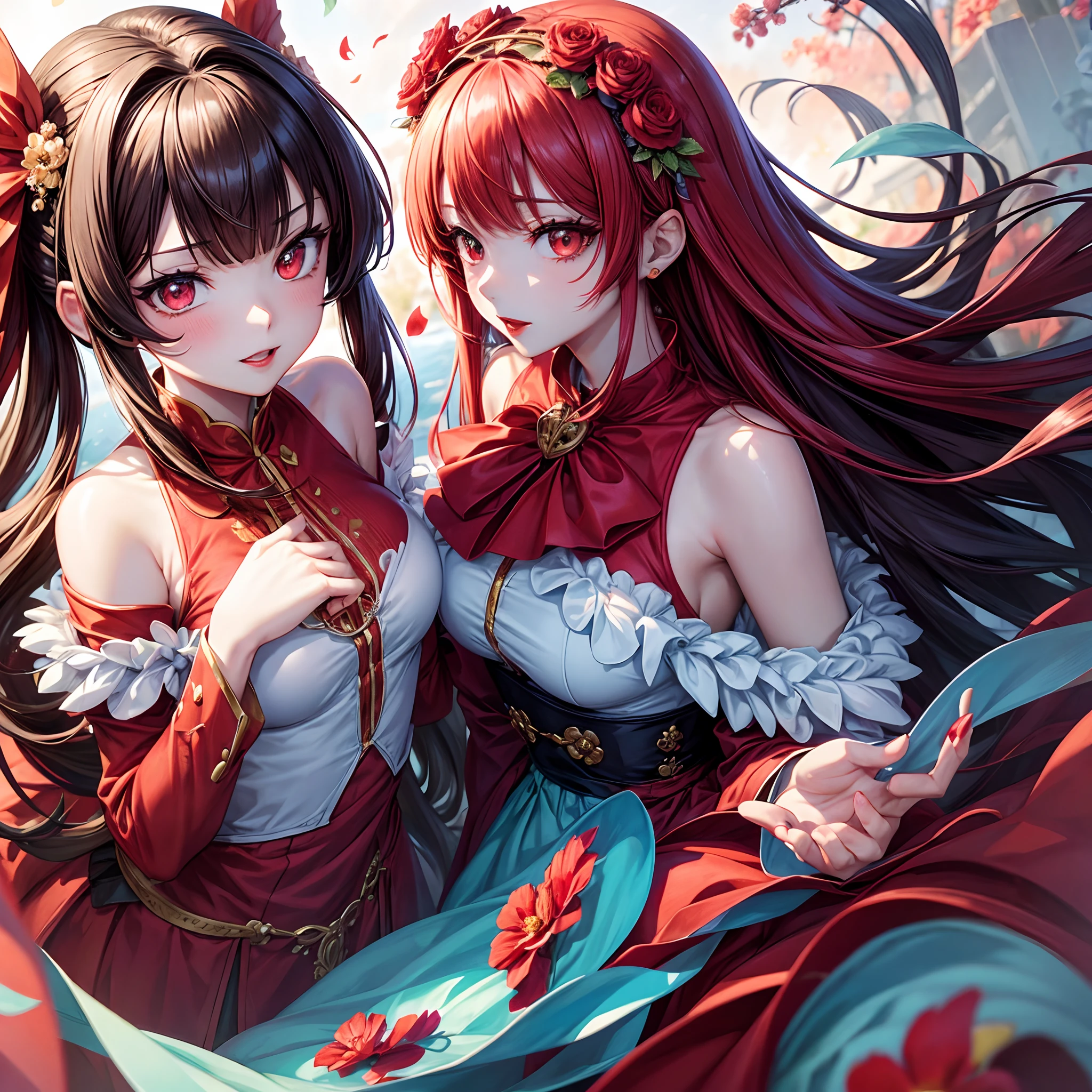 (masutepiece),(Best Quality:1.0), (超A high resolution:1.0), detailed illustration, 8K, Anime, 1girl in, Beautiful anime girl, wearing red dress, flowercrown, Pretty Face, Detailed face, Beautiful eyes, Detailed eyes, darkred eyes, bright red lips, Red Lipstick, beadetailed stylish hair, highlights in hair, Bangs anime style, Best Quality, Vibrant