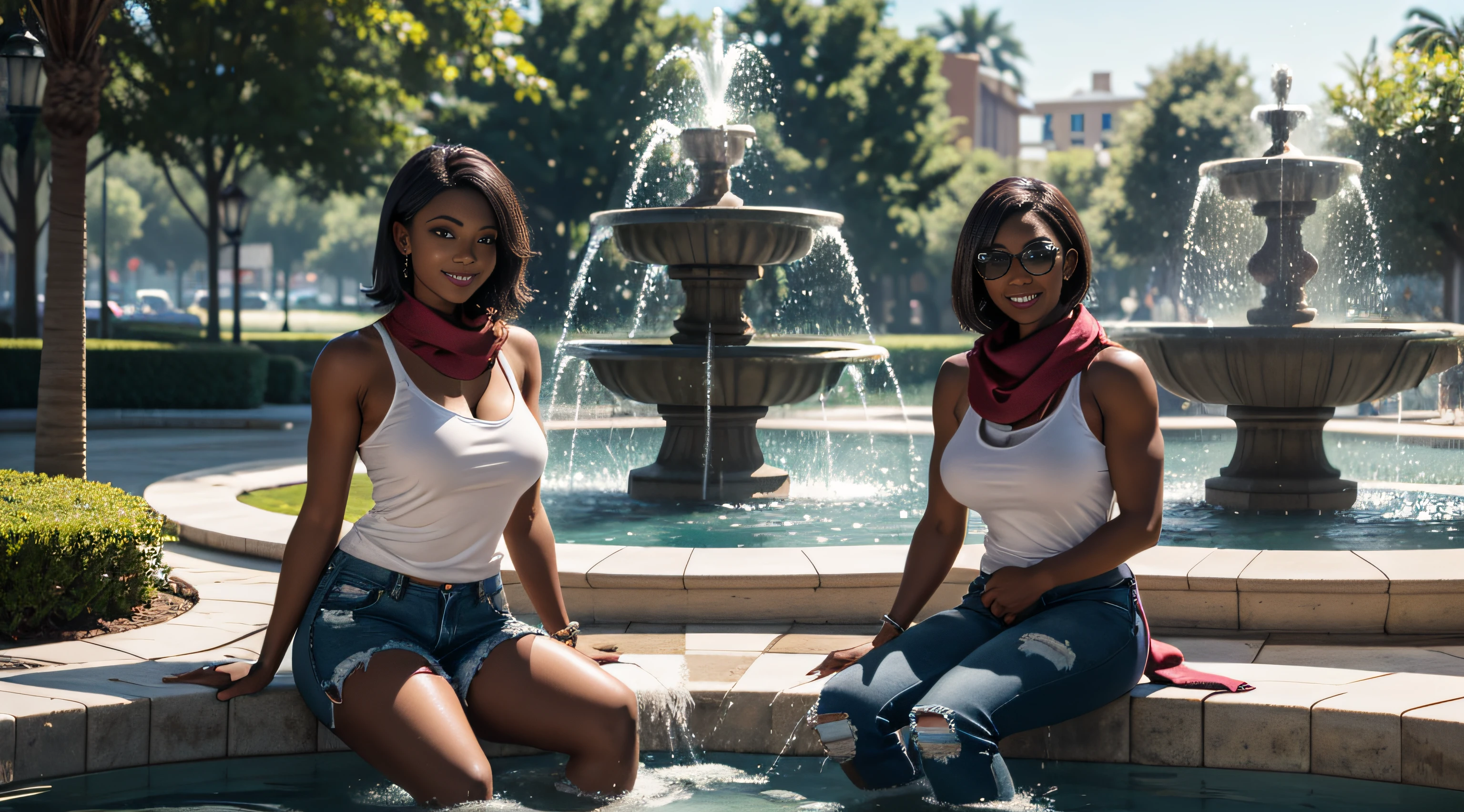 {Please make sure there are no other people in the image}, {Please make sure there are only one person in the image}, (masterpiece:1.2), (best quality:1.2), ((one woman only)), ((full body image)),very huge breasts, dark skin, black woman, light brown hair, short straight hair, Happy smile, realistic and detailed hands, realistic and detailed face, realistic and detailed tooth, realistic and detailed foots, realistic and detailed face, extremely muscular, park fountain background, aviator sunglasses, blue scarf, white tank tops, short jeans, leather short boots, Sitting on the edge of the fountain with her feet in the water with arms up.