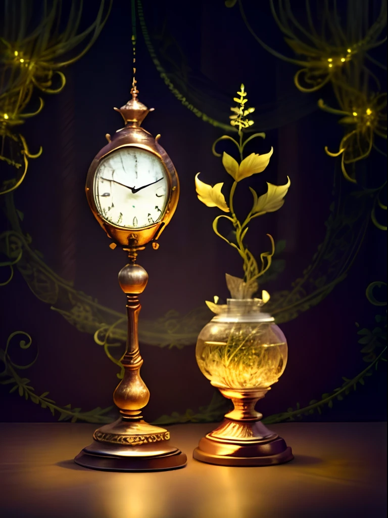Photograph of an golden clock, Surrounded by magical fantasy flowers, number art, The most amazing art in the world, ((No Man)), Amount of light, Balance pastel colors, View of Flotta, vines, hyper HD, 8k 辛烷值渲染, magia, Awesome, Ethereal, 复杂, intricatedesign, ultrasharp, shadowing, Colder colors, trend in CGSociety, ((best qualityer)), ((tmasterpiece)), (A detailed), antique clocks