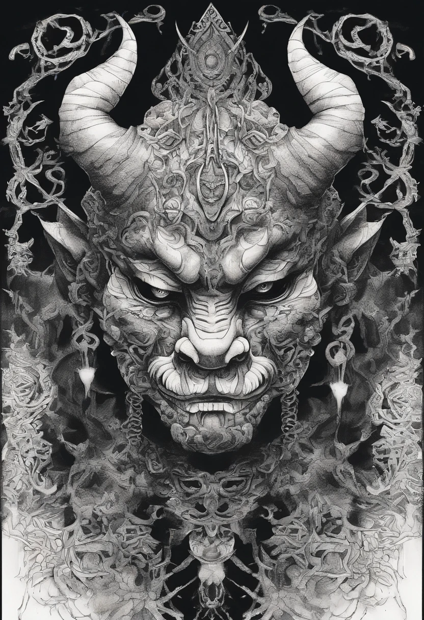(a symbol of an oni head,thin circle,white and black background,best quality:1.2),extremely detailed oni face,Japanese folklore,traditional art,sharp focus,contrast colors,dark shadows,ominous atmosphere,brush strokes,demon expression,horns and fangs,black hair,red glowing eyes,white skin,mythical creature,evil presence,menacing gaze,illustration,ink painting,night scene,traditional Japanese colors