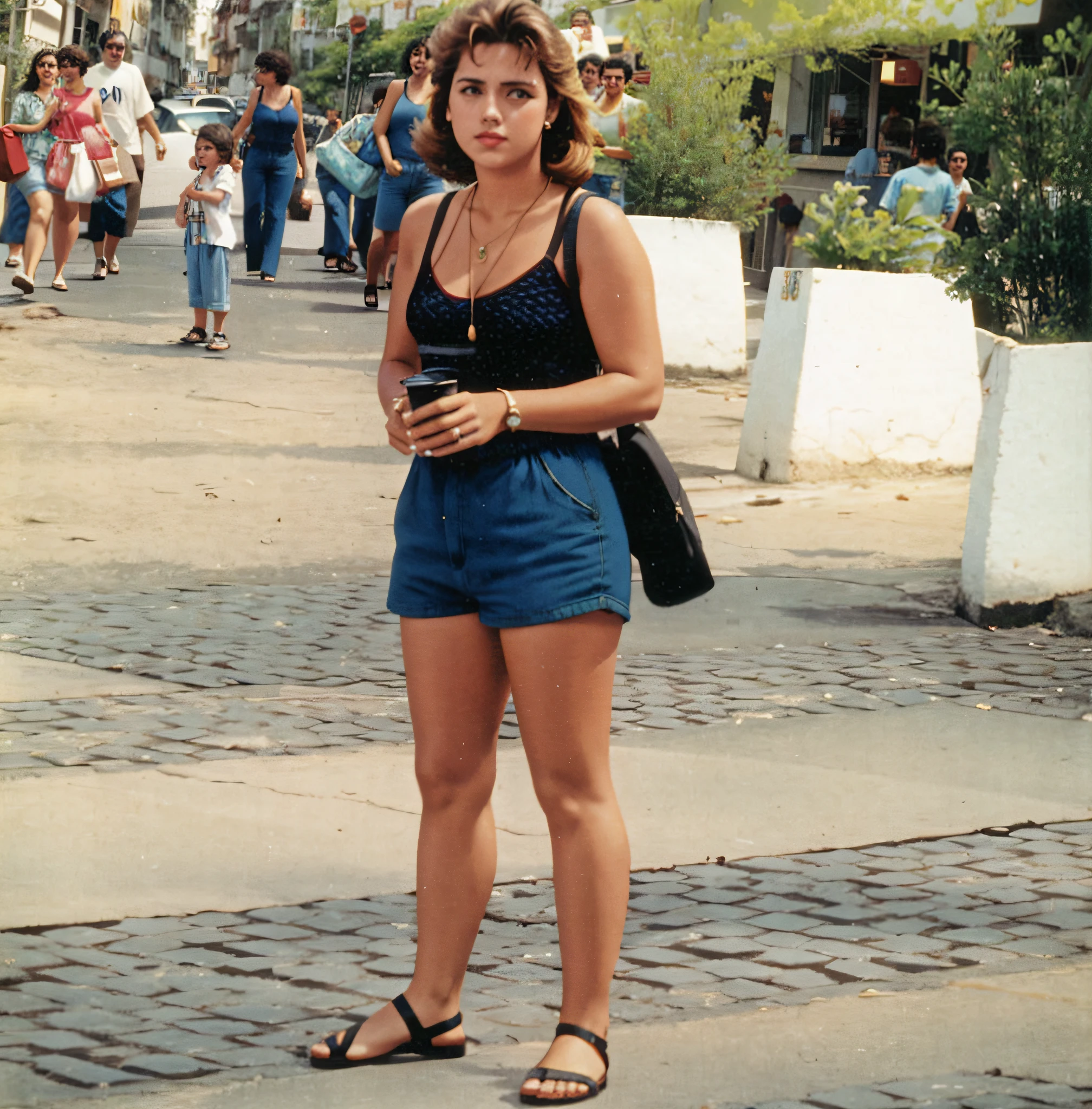 Woman standing on a sidewalk in a city with a crowd of people, vestindo camisola e shorts, vestindo regata e bermuda, taken in the early 1990s, mulher curta robusta, vestido com um top e shorts, tiradas em meados dos anos 2000, tiradas no final dos anos 1980, em 1 9 9 5