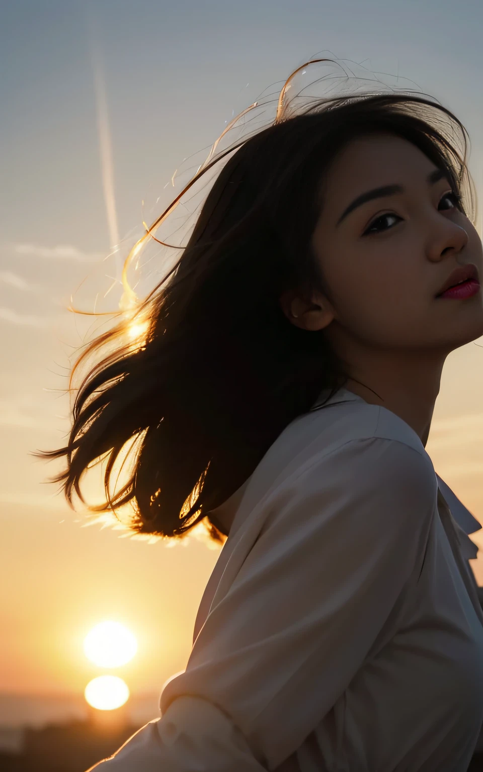 Masterpiece, Best quality, cinematic Film still from, 1girll, Cloud Girl, Floating in the sky, Close-up, Bright, cheerfulness, Warm and soft lighting, Sunset, (spark of light:0.7)