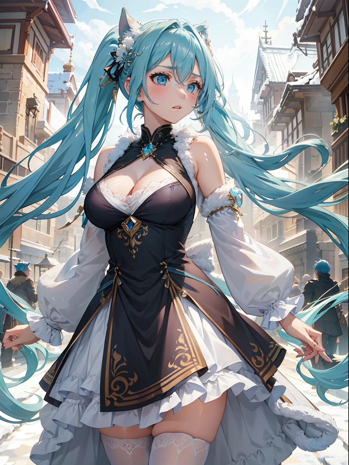 big breasts beautiful, Young woman, In the crystal and ice zone, drifting snow, ride horse, White hours, Gradient hair, Blue hair, blue hairs, twintail hair, eyes reflection, disdain, Ray traching, reflective light, blurry, Glowing light, depth of fields, lightand shade contrast, stereograms, zoom layer, cowboy lens, f/2.8, Bokeh, tmasterpiece, best qualtiy, high qulity, k hd,White stockings