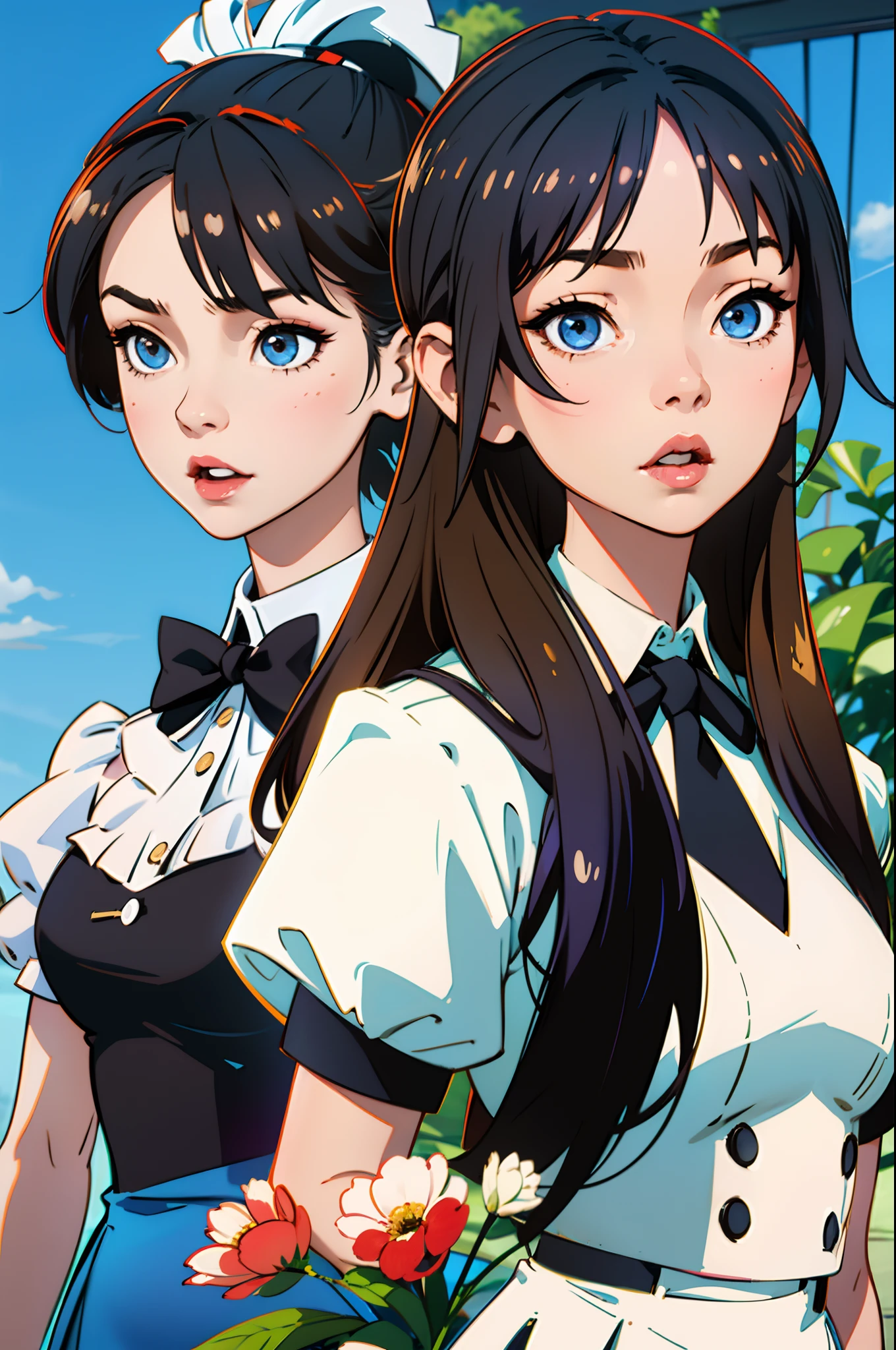 adrenaline Young Woman Trio idol
Close-up portrait of a woman in a white shirt and black bow tie,advertisement、Long black hair, a japanese girl, Smooth white tight clothes suit, Rena、 kawaii girl, Bob Blonde Girl, Phosphorus、Twin-tailed、japanese girl school uniform,Super skirt