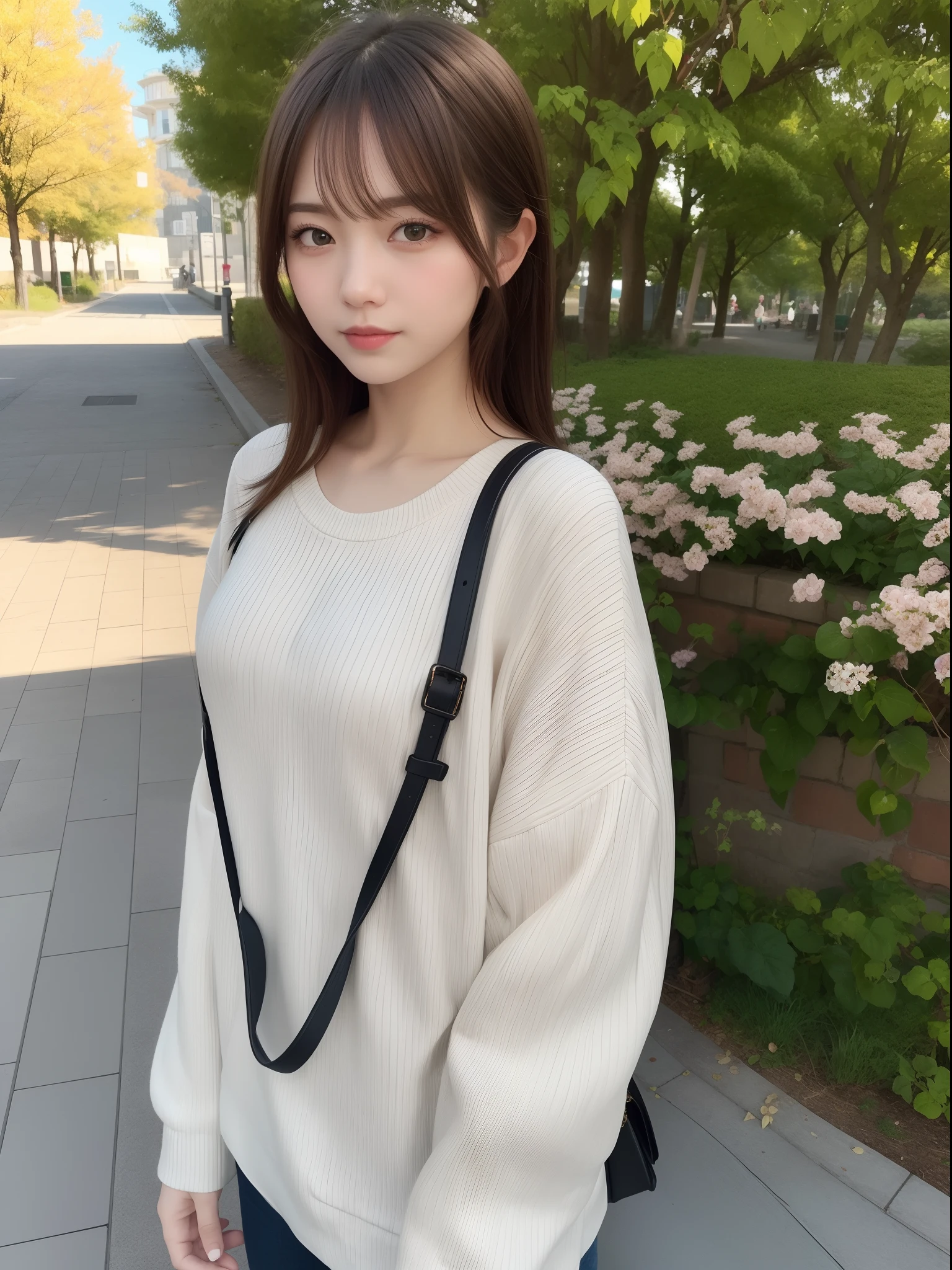 Shot on the promenade of a park in early autumn。The model is、I'm strolling along the promenade where the sun shines through the trees........................。 Modeled after a beautiful 20-something actress。
Realistic、Realistic and ultra-detailed finish、Create very elaborate CG Unity 8K wallpapers。
The model is slender and cute、Good Style、Green eyes、the nose is small、Small breast size。It also has a mature feel。
Her characteristics are、Hairstyle Up Styling、Trendy hair color with a slightly bright and soft。
The skin quality of the model is delicate、Pay attention to the fine details and softness of the hair。
Take a picture of your whole body。
Fashion style is、the lines of the body are clearly visible、Wearing a white summer sweater。