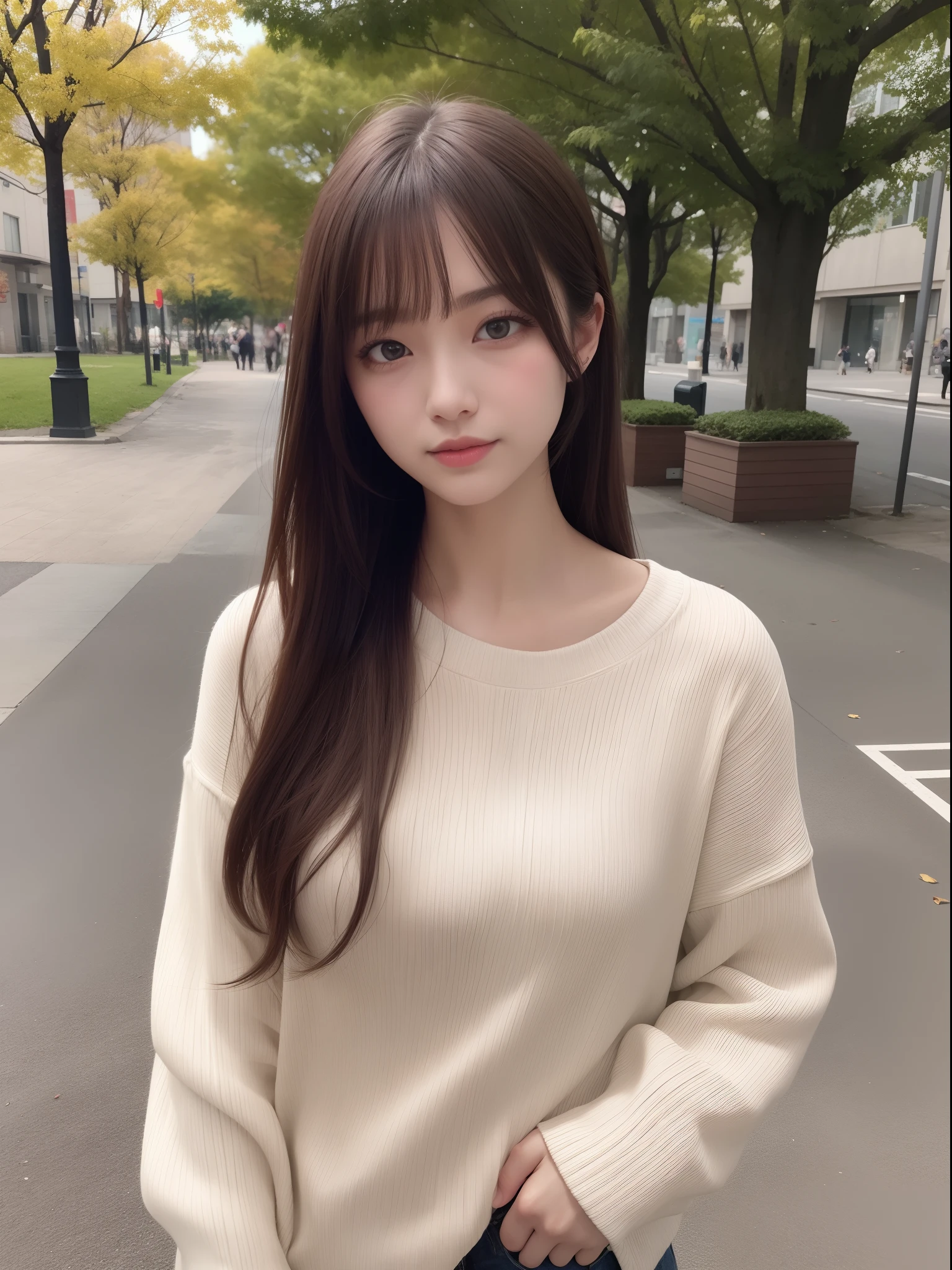 Shot on the promenade of a park in early autumn。The model is、I'm strolling along the promenade where the sun shines through the trees........................。 Modeled after a beautiful 20-something actress。
Realistic、Realistic and ultra-detailed finish、Create very elaborate CG Unity 8K wallpapers。
The model is slender and cute、Good Style、Green eyes、the nose is small、Small breast size。It also has a mature feel。
Her characteristics are、Hairstyle Up Styling、Trendy hair color with a slightly bright and soft。
The skin quality of the model is delicate、Pay attention to the fine details and softness of the hair。
Take a picture of your whole body。
Fashion style is、the lines of the body are clearly visible、Wearing a white summer sweater。