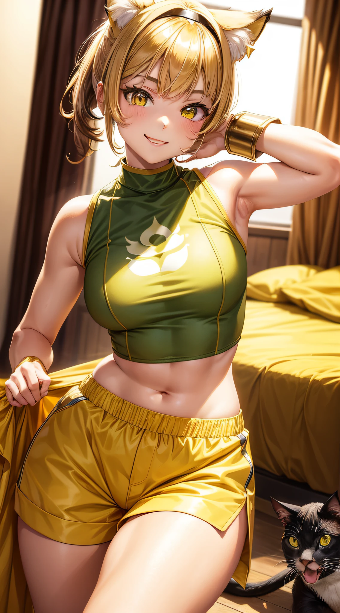 Young Girl, short brown hair, High Ponytail, Heterochromia, Green and yellow eyes, Smile, Cat ears, Yellow tight sleeveless uniform, Tight shorts, diadems, Gold Element, she-ra, masutepiece, hiquality, 4K, hard disk, good detail