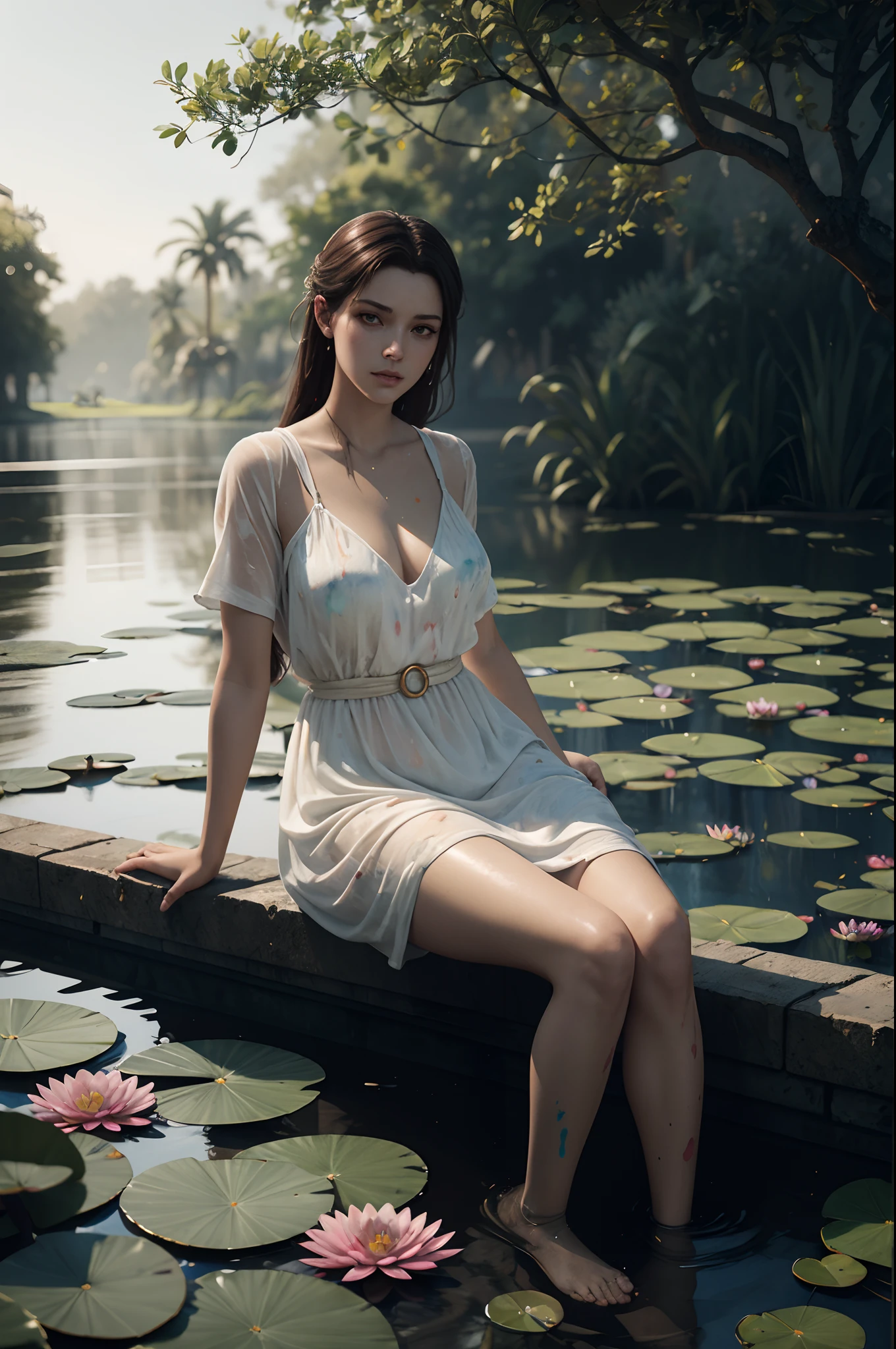 high quality, masterpiece, Watercolor, wash technique, colorful, full body, beautiful woman sitting on water lilies, water lilies, A painting with dripping and scattered paint, blurry, smudged outline, beautiful face, fantasy world, brown eye, brown hair, white dress, three dimensional effect, enhanced beauty, Albert Anker, Painting like Agnes Cecile, Feeling like John Howe, Greg Rutkowski, Artgerm, WLOP, Alphonse Beeple, luminism, 3d render, octane render, cinematic, Isometric, by yukisakura, awesome full color,