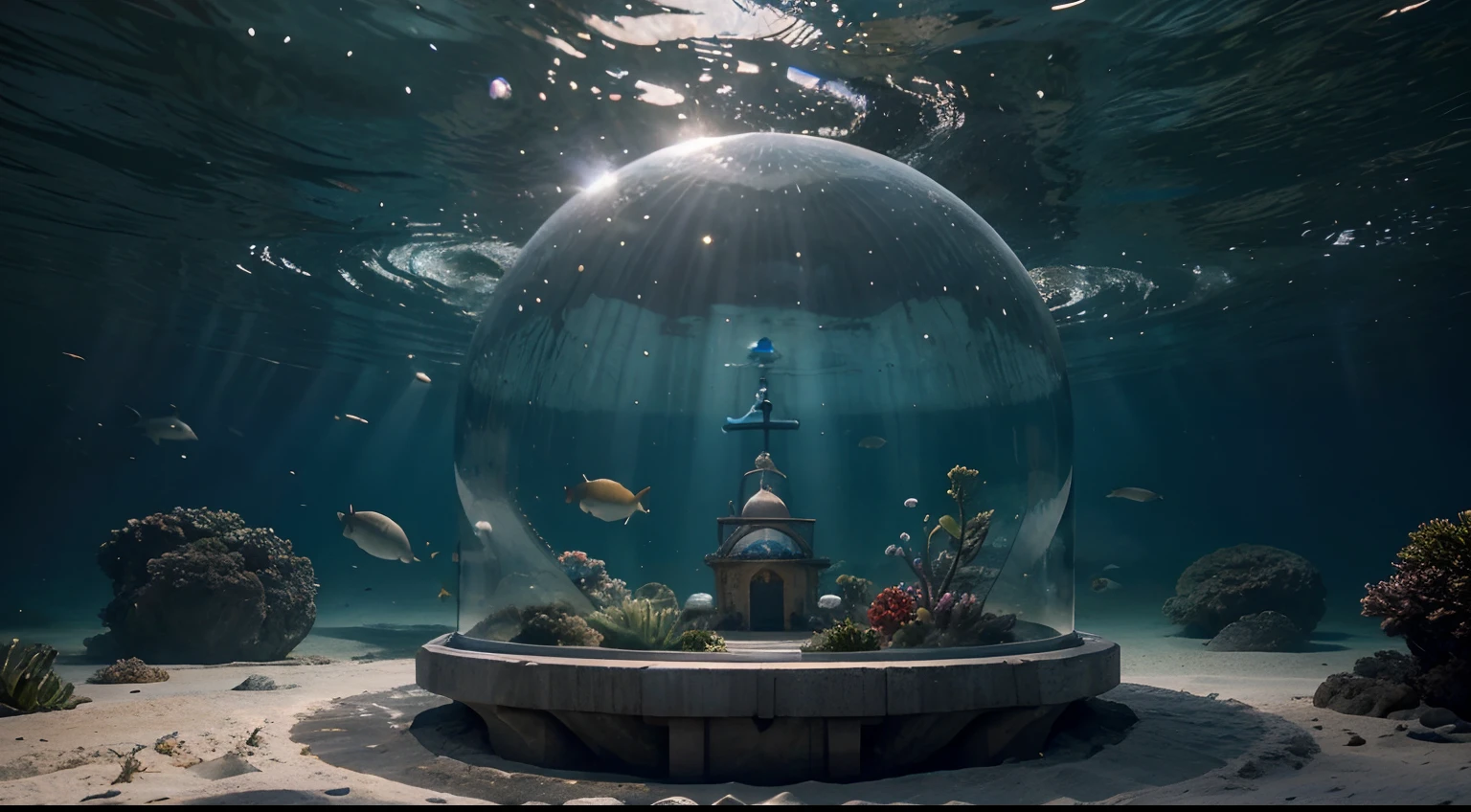 An underwater news station with a transparent dome, vida marinha nadando, An anchor surrounded by the serene beauty of the ocean, conveying a sense of calm and connection to nature, 插圖, arte digital